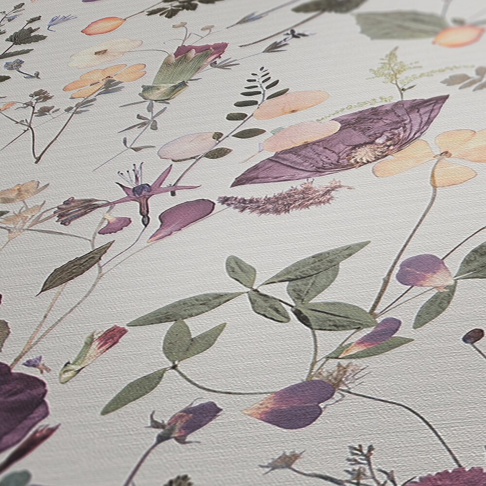             Non-woven wallpaper with blossom bouquet motif in country house style - violet, green, yellow
        