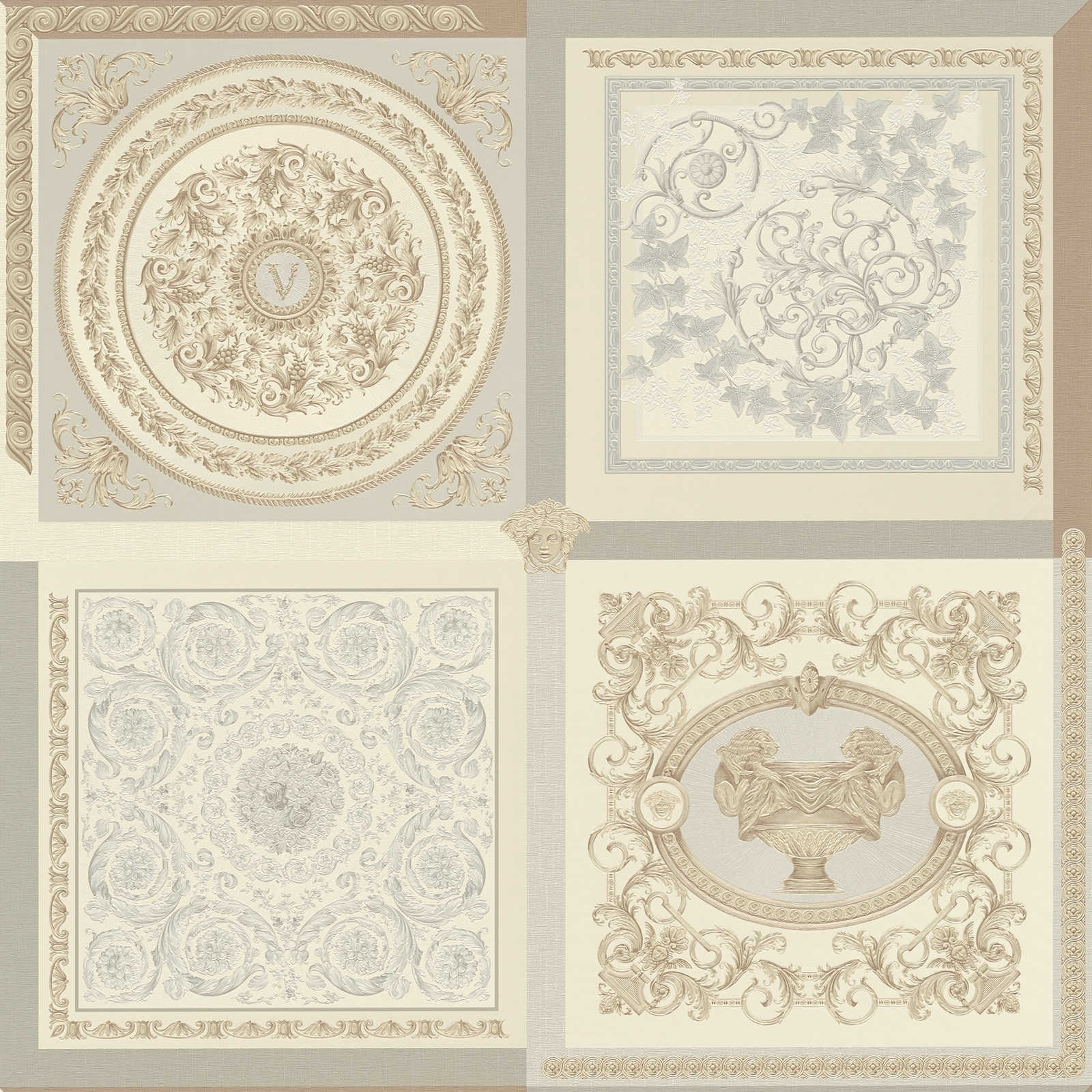             Metallic wallpaper VERSACE with ornament panel design - beige, grey
        