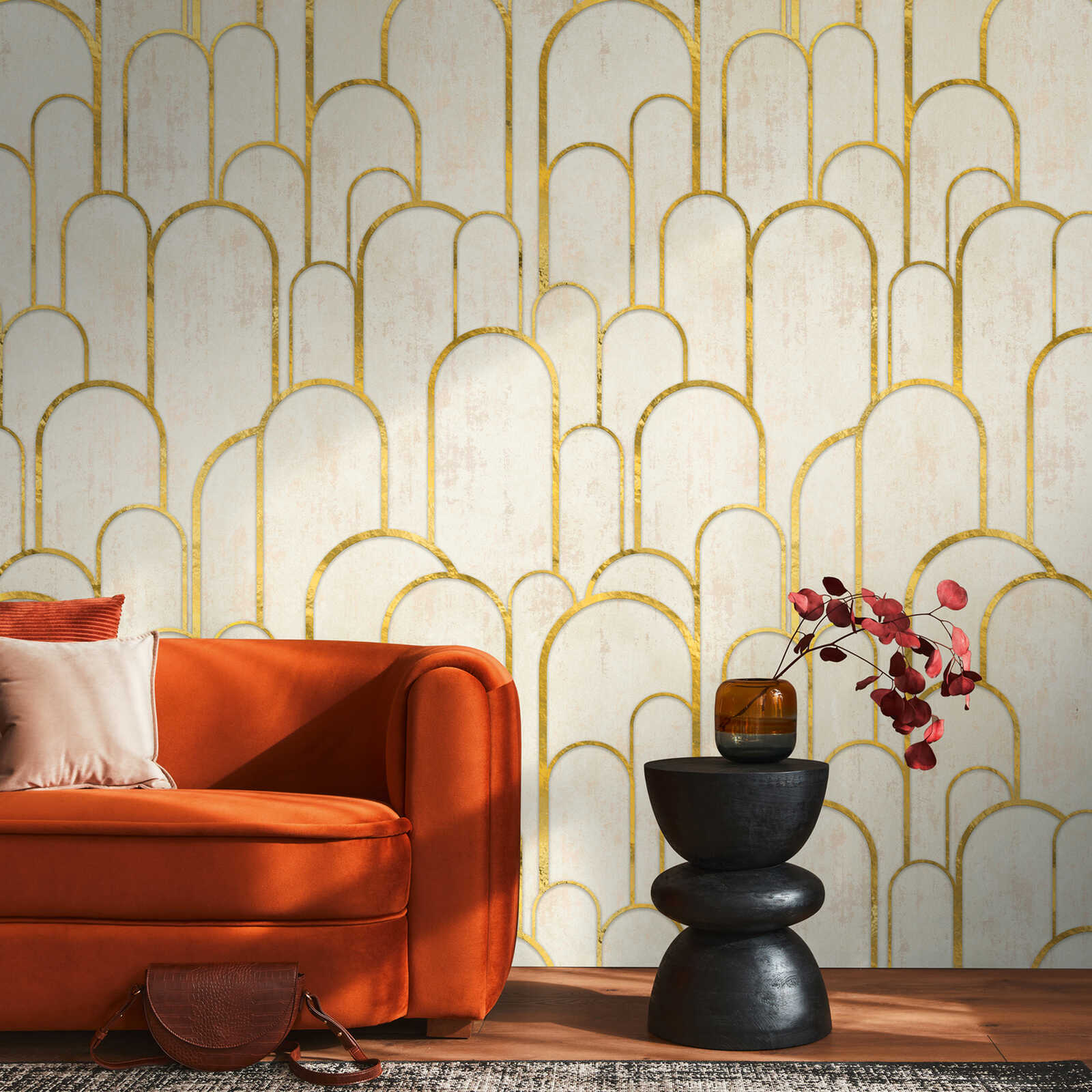         Art Deco non-woven wallpaper with elegant geometric patterns and a large-scale pattern repetition - cream, beige, gold
    