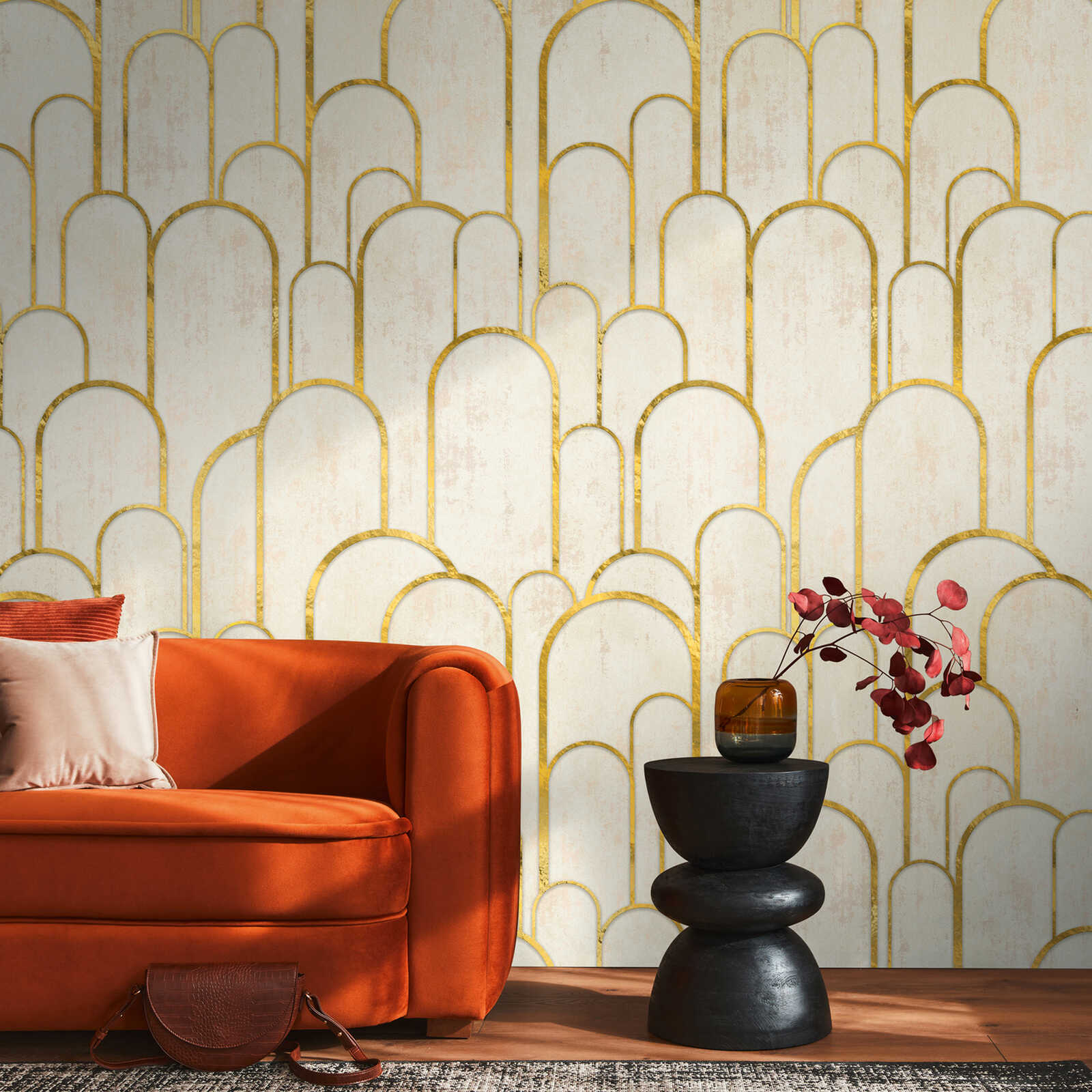 Art Deco non-woven wallpaper with elegant geometric patterns and a large-scale pattern repetition - cream, beige, gold
