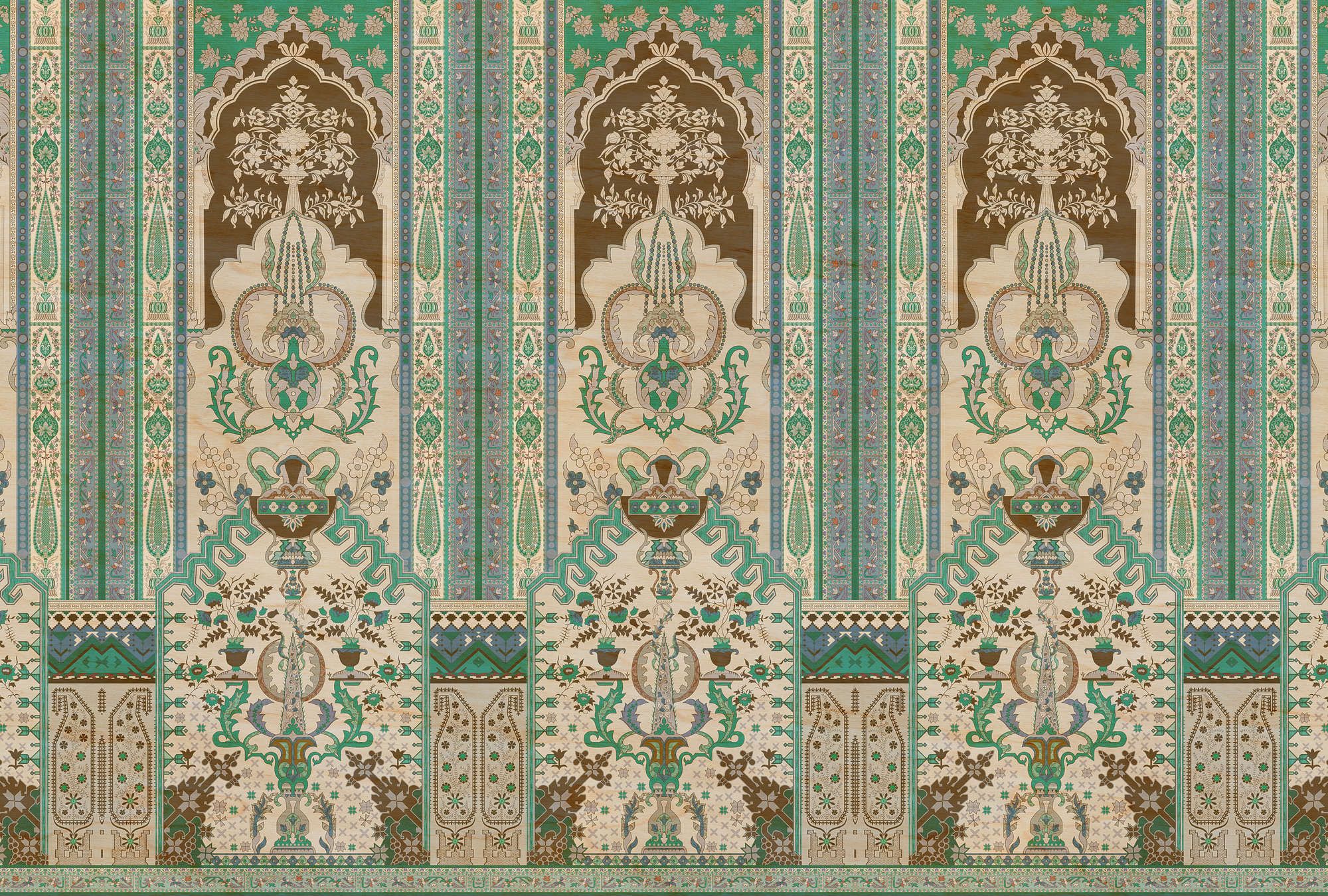             Photo wallpaper »tara« - Ornamental panelling with plywood texture - Green, beige | Smooth, slightly pearlescent non-woven fabric
        