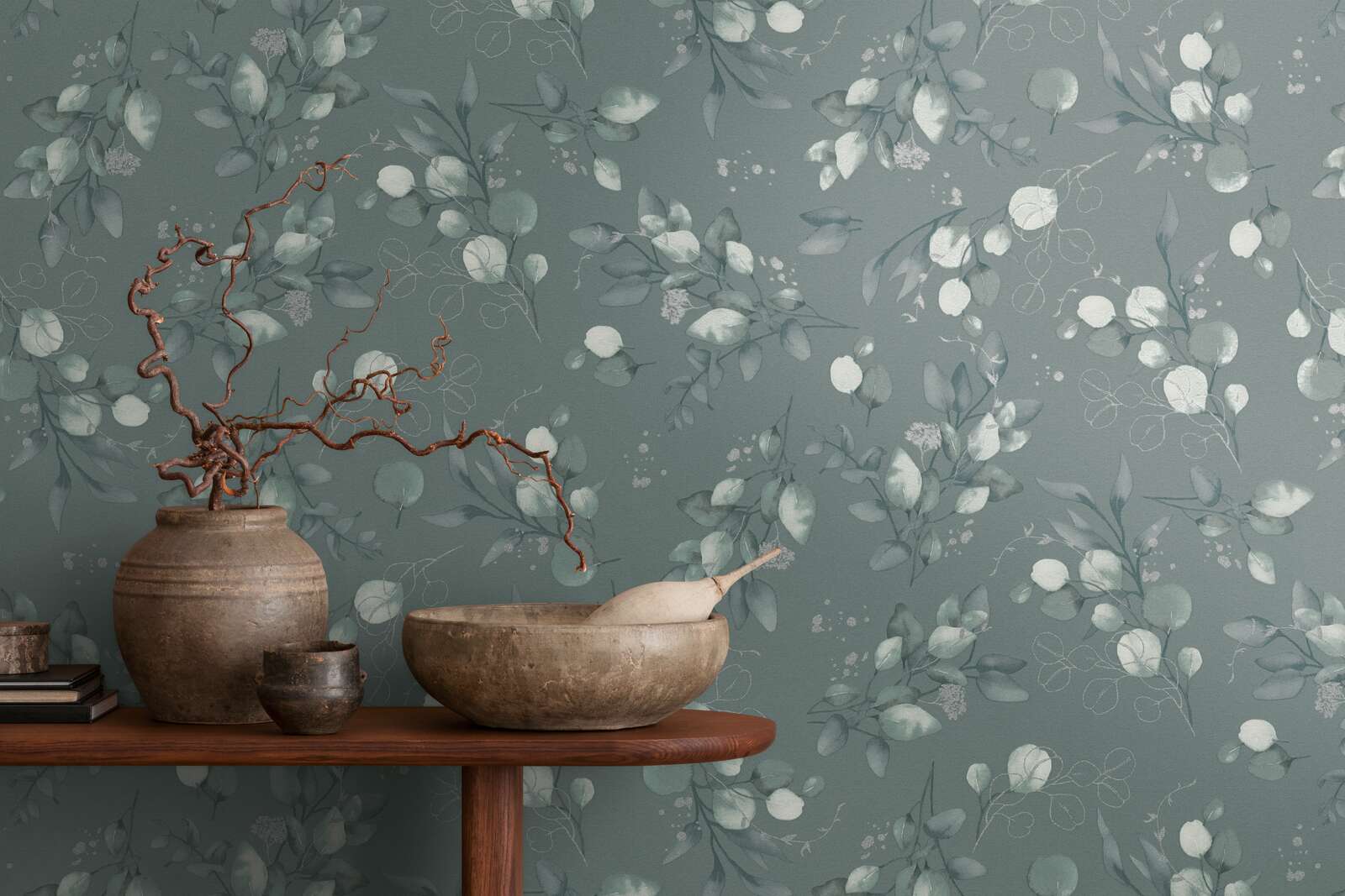             Non-woven wallpaper with floral design and glitter accents - green, silver
        