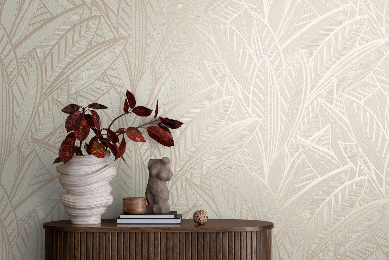             Jungle non-woven wallpaper with palm leaves and light gloss effects - white, grey
        