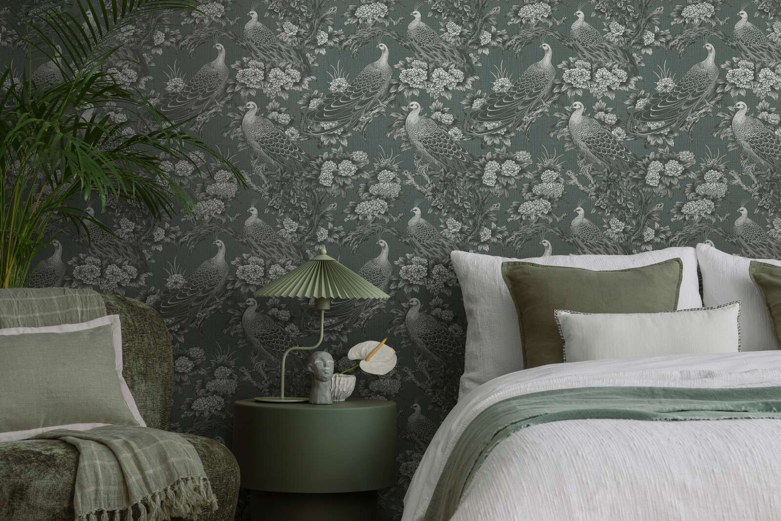             Papel pintado no tejido de estilo casa de campo inglesa floral - gris, negro
        