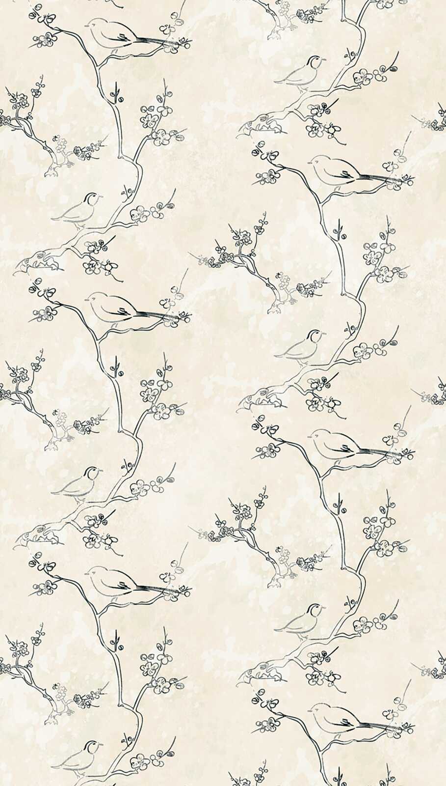             Elégant papier peint intissé avec des branches et des oiseaux sur un fond discret et une répétition de motifs à grande échelle - crème, noir
        