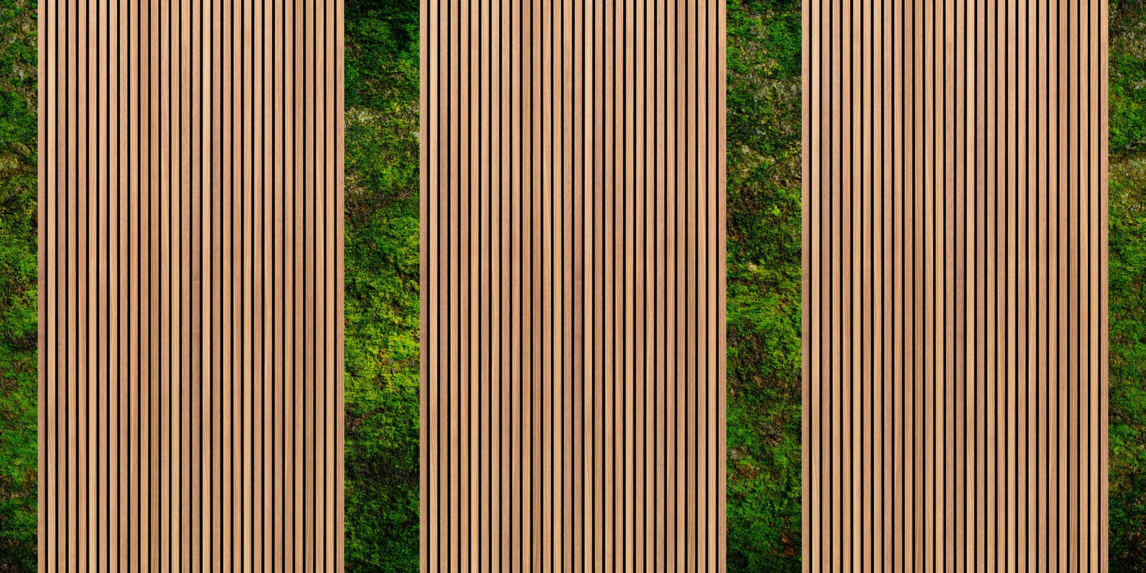             Photo wallpaper »panel 2« - Wide wood panels & moss - Smooth, slightly pearlescent non-woven fabric
        