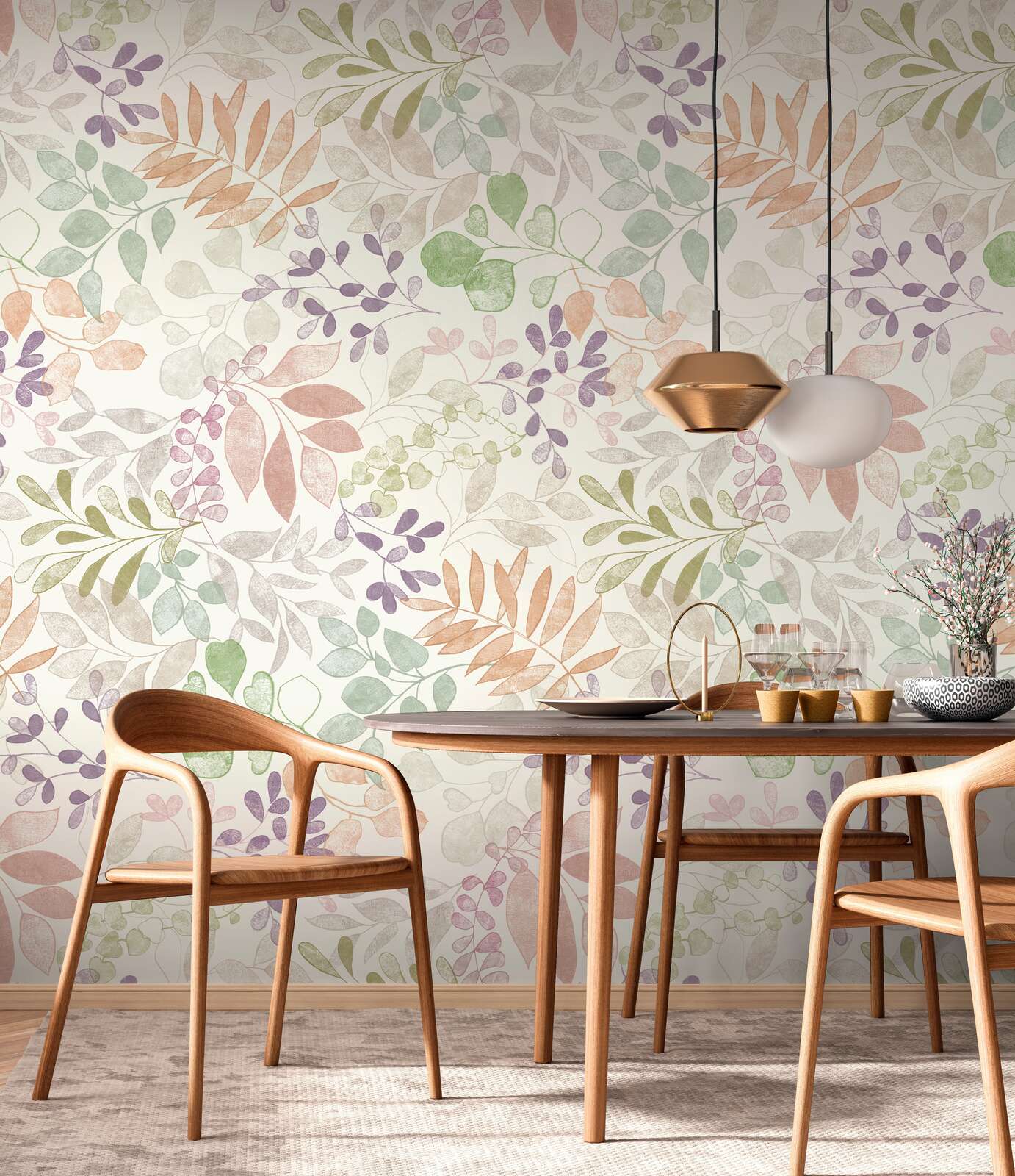             Papel pintado motivo XXL con motivos florales en acuarela - crema, verde, morado
        