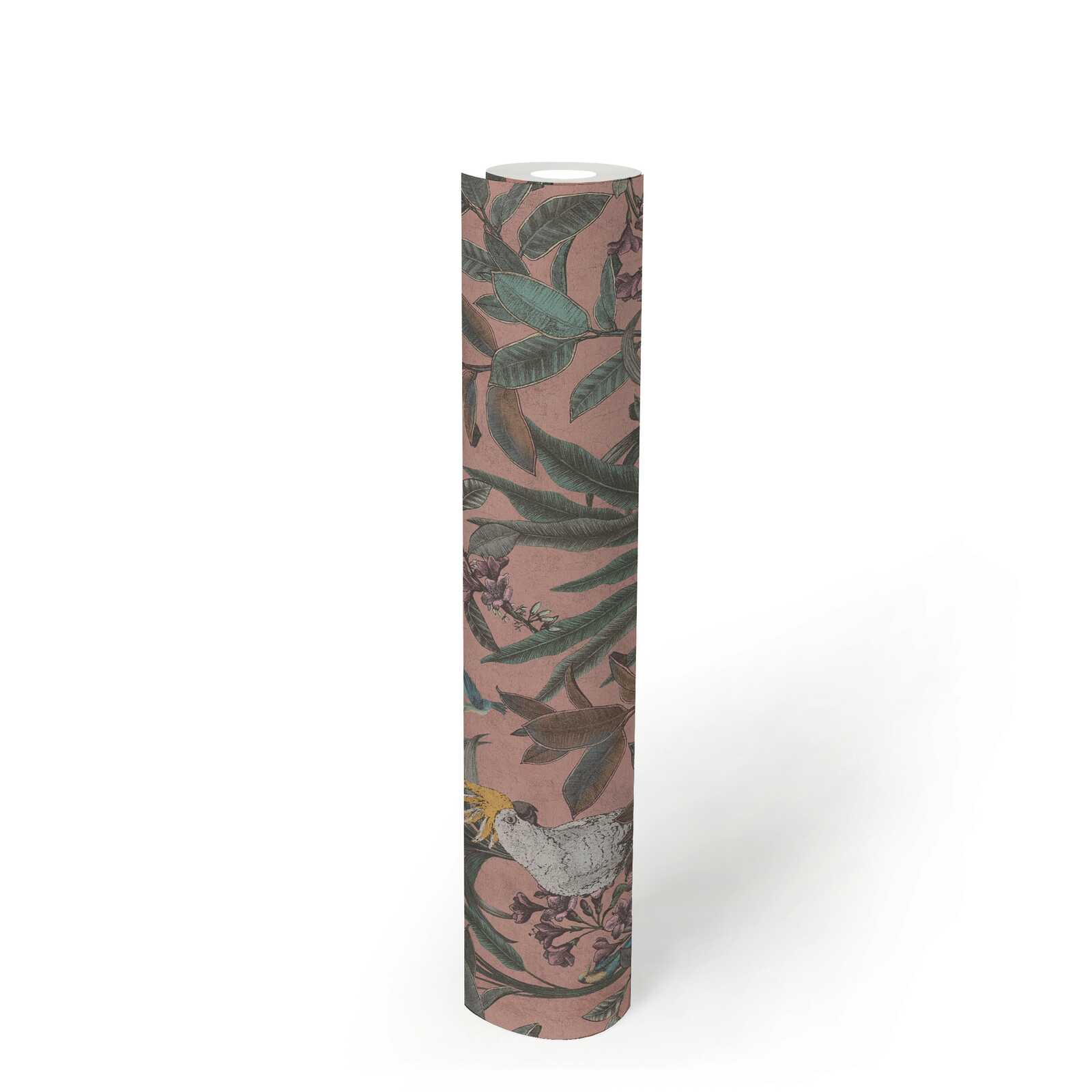             Non-woven wallpaper jungle with cockatoo in vintage look - pink, green, purple
        