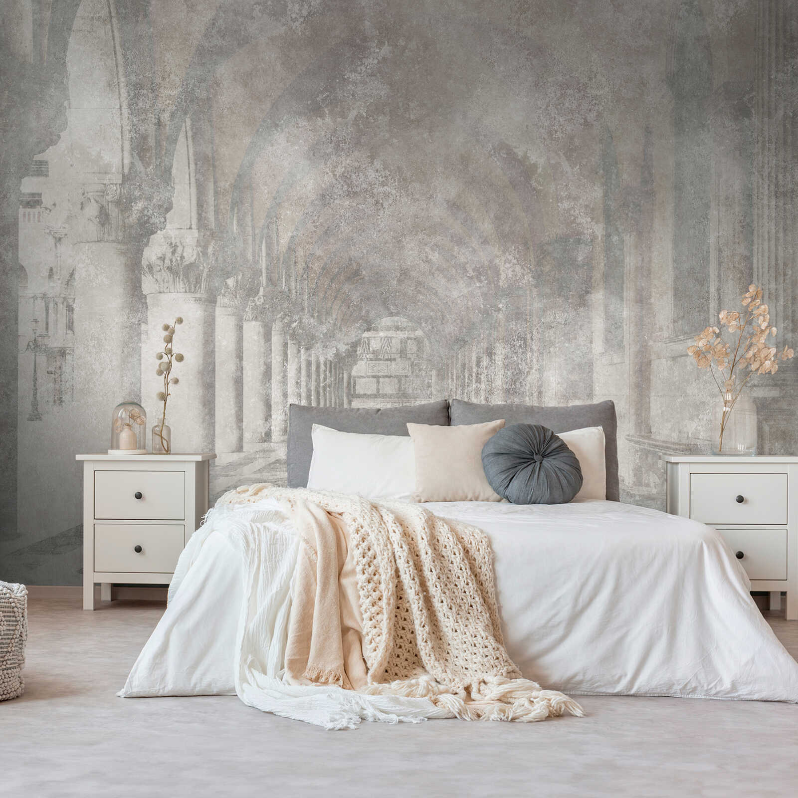 Non-woven wallpaper with historical palace architecture in a washed-out vintage look - grey, beige
