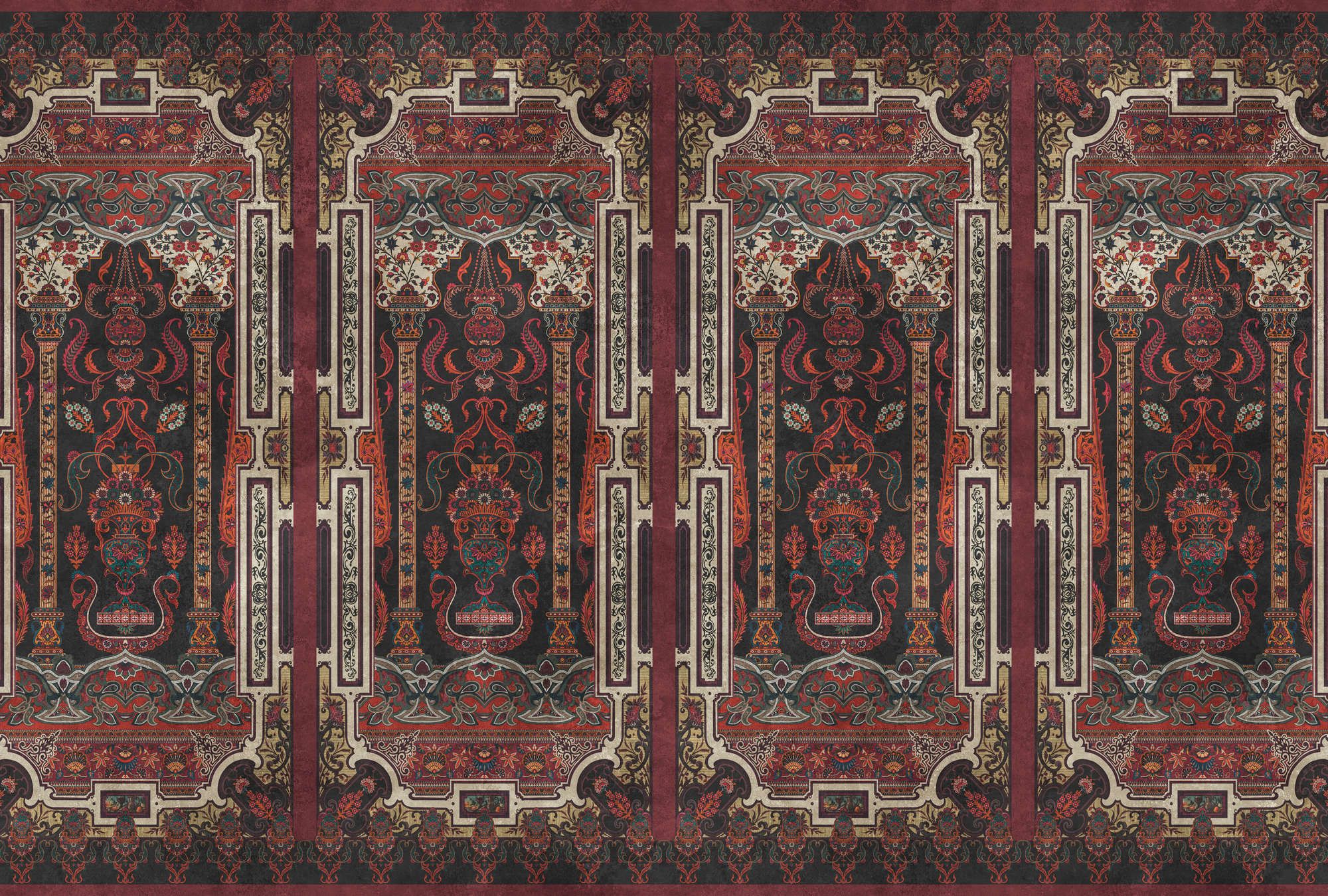             Photo wallpaper »karim« - Ornamental panelling with vintage plaster texture - Dark red | Smooth, slightly pearlescent non-woven fabric
        