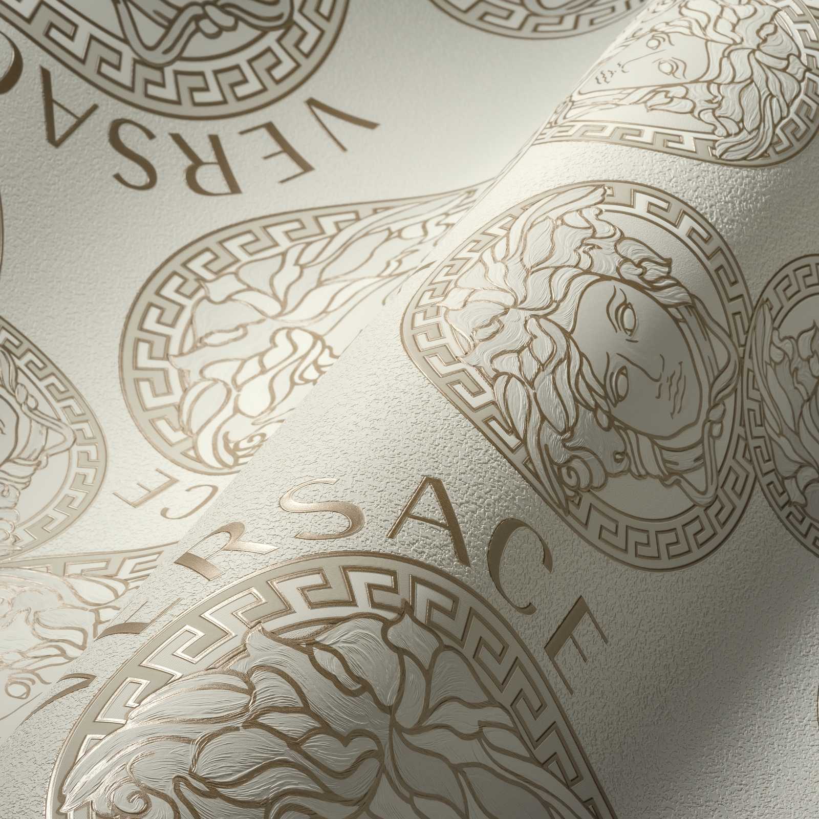             Non-woven wallpaper VERSACE with Medusa logo - grey, metallic
        