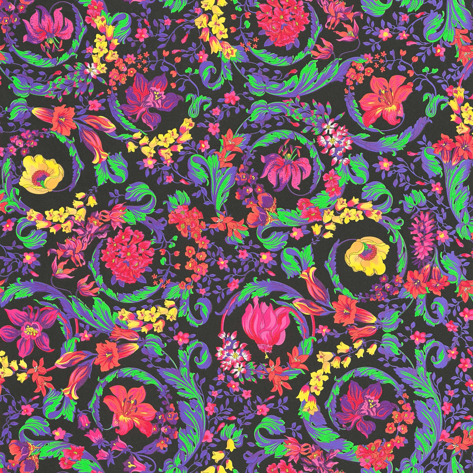             Floral VERSACE wallpaper ornaments in neon colours - multicoloured
        