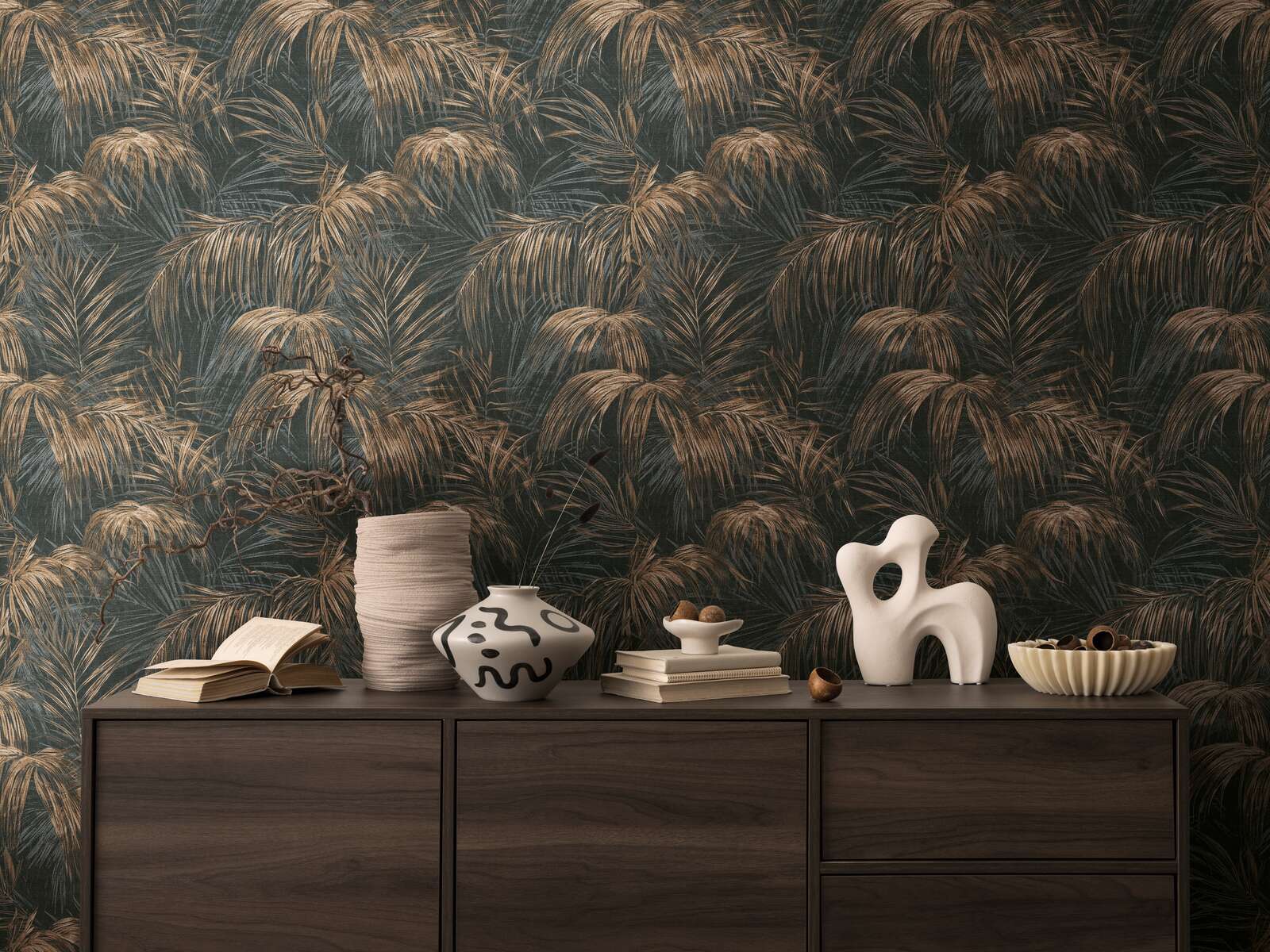             Magnificent non-woven wallpaper in palm tree look - black, beige, brown
        