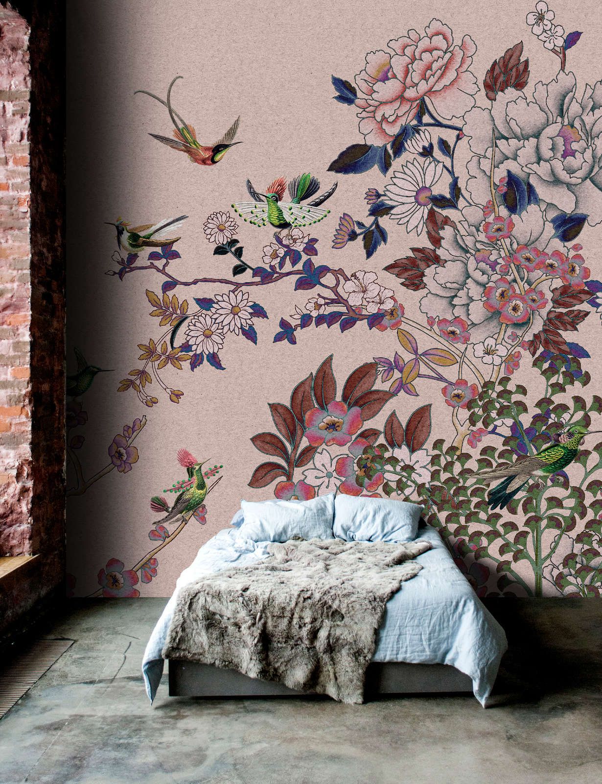             Photo wallpaper »madras 2« - Rose-coloured blossom motif with hummingbirds on kraft paper texture - Matt, smooth non-woven fabric
        