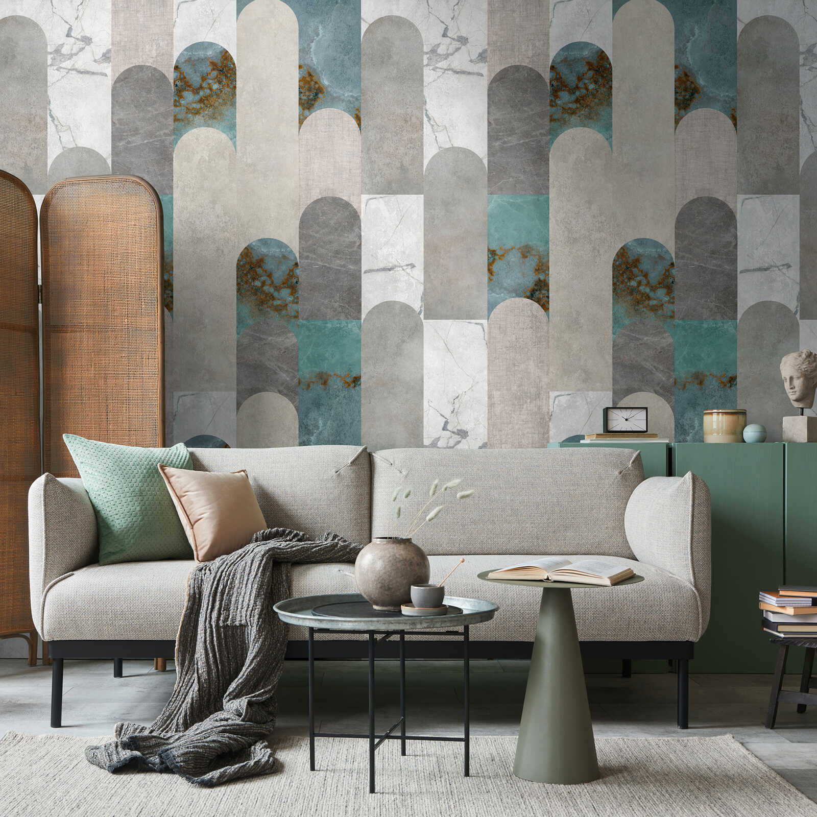 Non-woven wallpaper with various geometric marble textures and a large-scale pattern repetition - grey, blue, white
