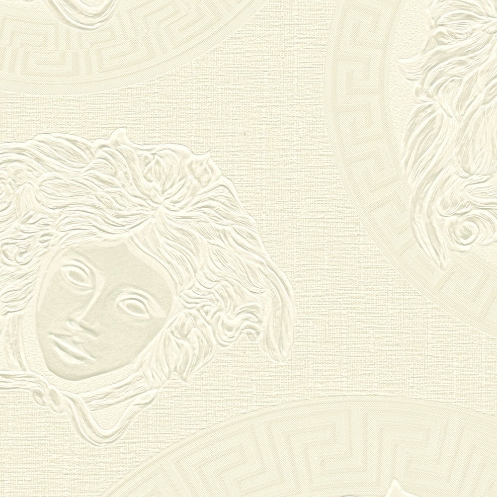             Papel pintado VERSACE blanco Diseño de Medusa y efecto brillante
        