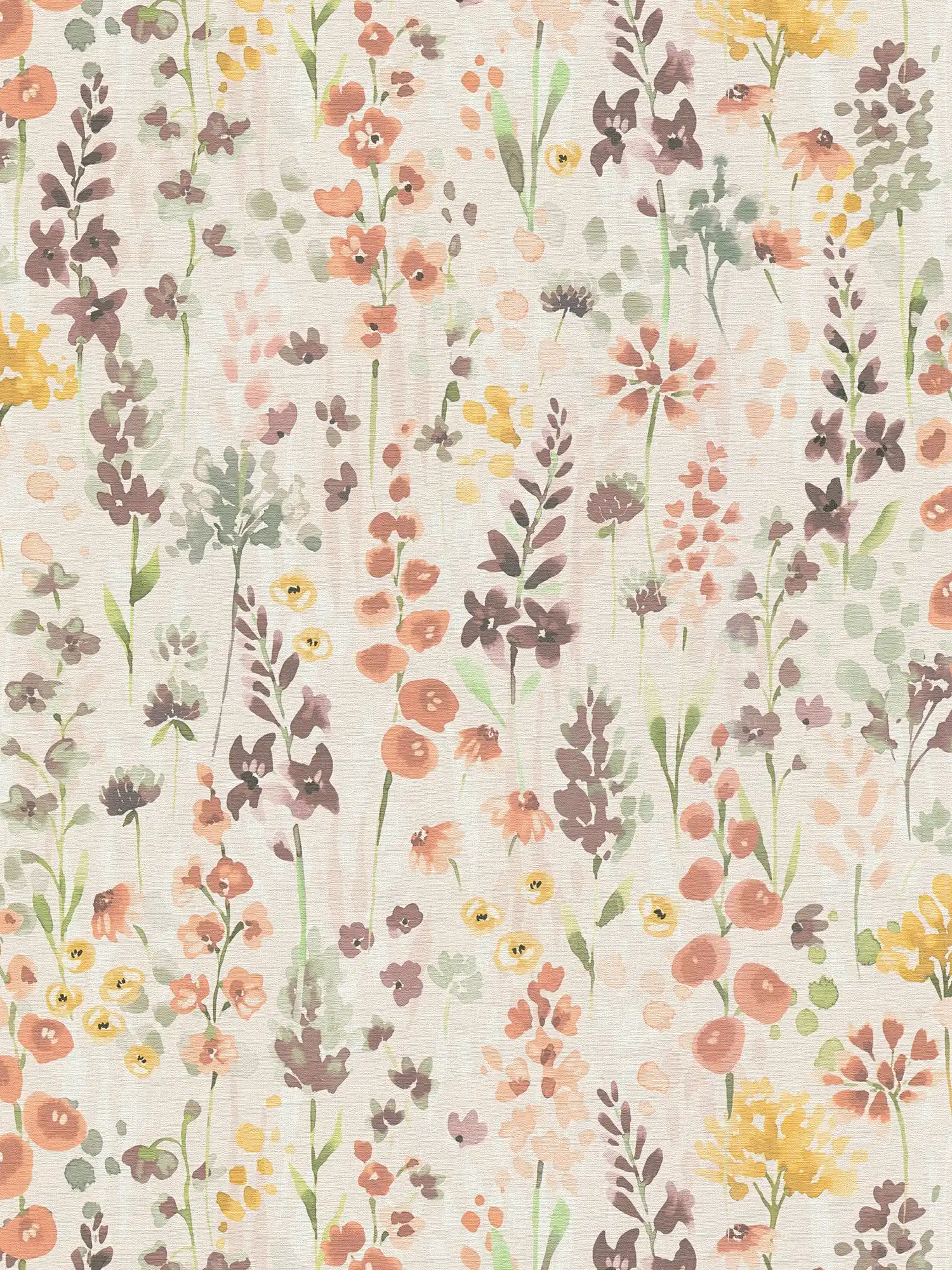 Papel pintado no tejido colorido prado de flores en diseño de acuarela - beige, naranja, marrón
