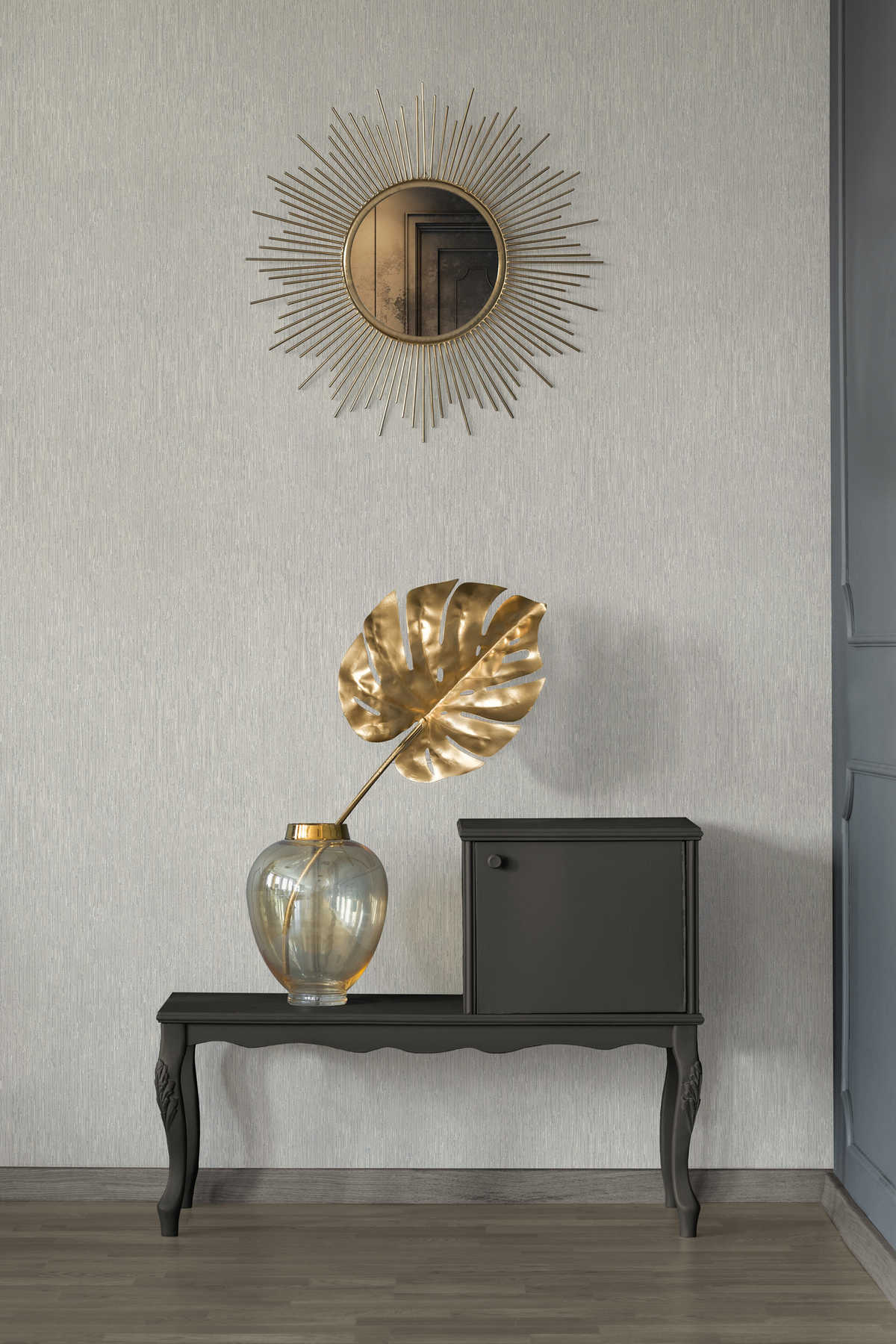             Melange wallpaper grey with metallic accents
        