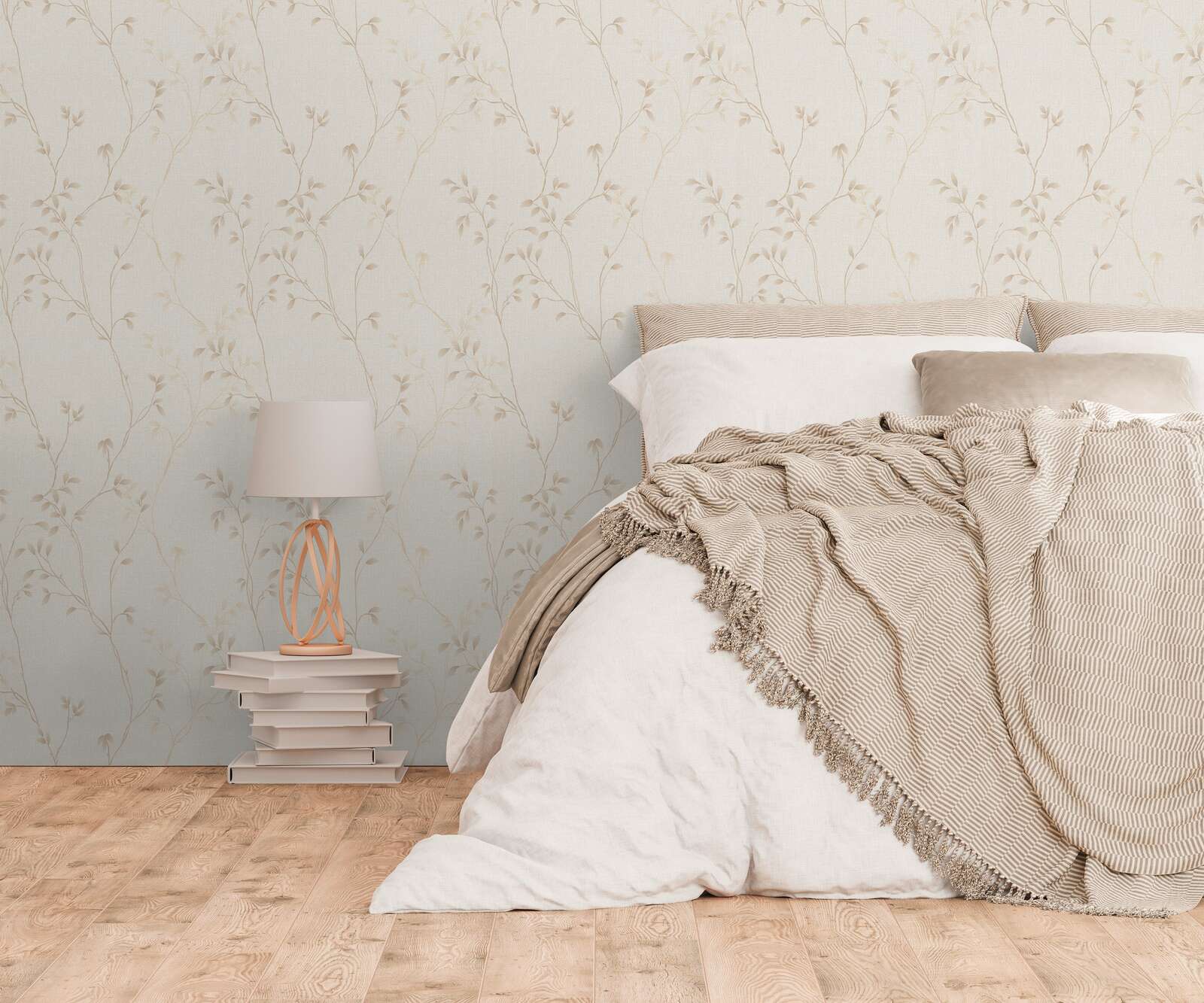             Non-woven wallpaper with subtle tendril pattern and textile surface - beige, cream, brown
        