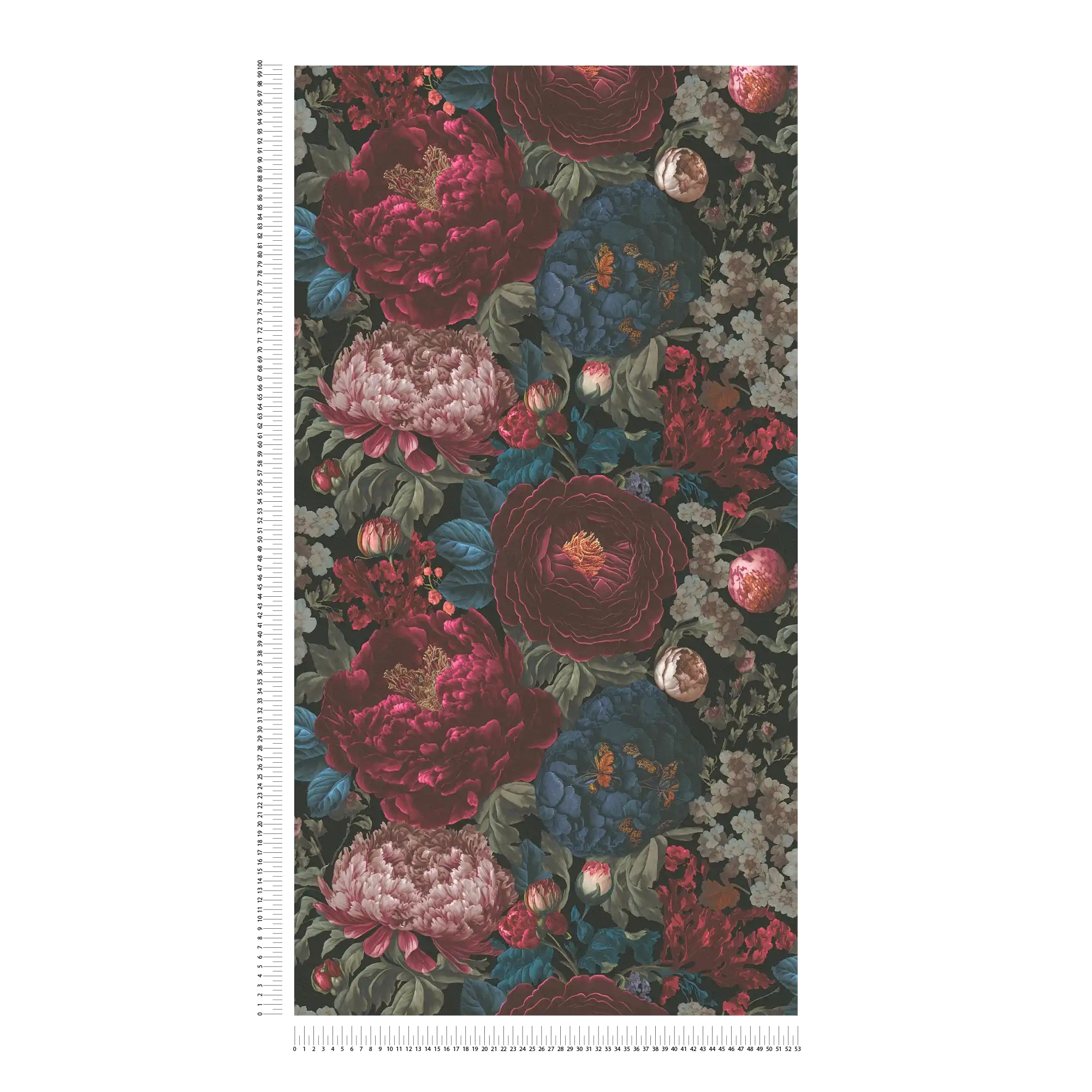             Opulento papel pintado no tejido con un magnífico motivo floral - rojo, azul, negro
        