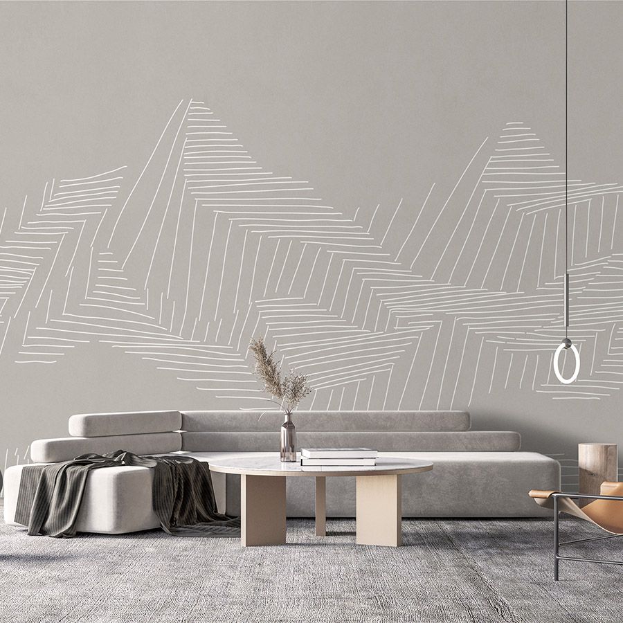 papier peint en papier panoramique »victor« - paysage de montagne avec motif de lignes - gris | Intissé mat et lisse
