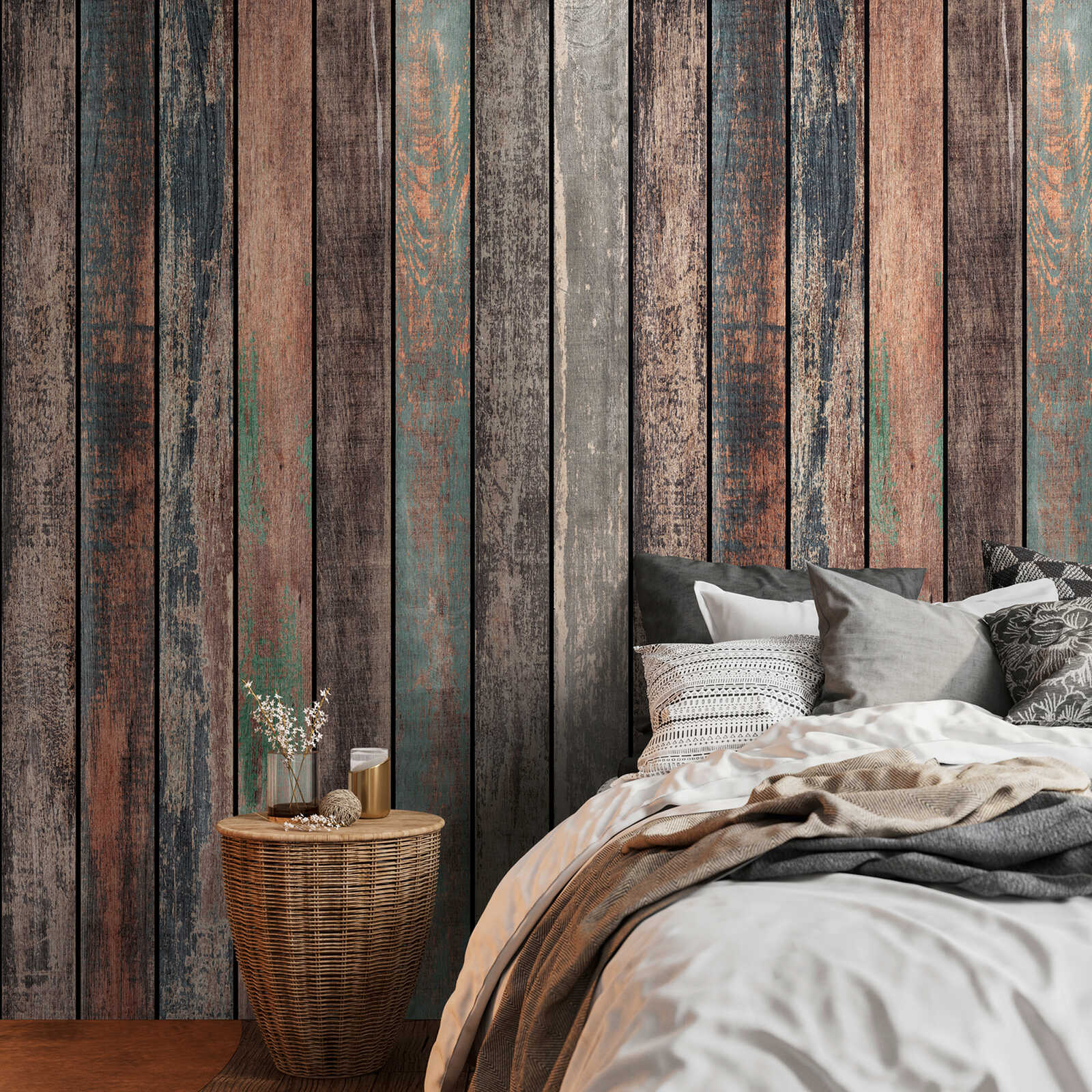 Wood plank non-woven wallpaper with a vintage look and a large-scale pattern repetition - colourful, brown, blue
