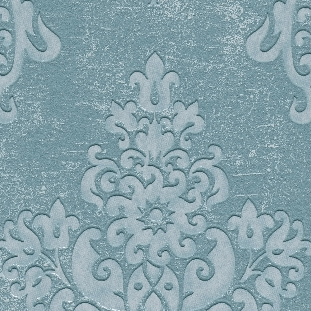             Vliesbehang met ornamenten en een glanzend metallic effect - blauw, turquoise
        