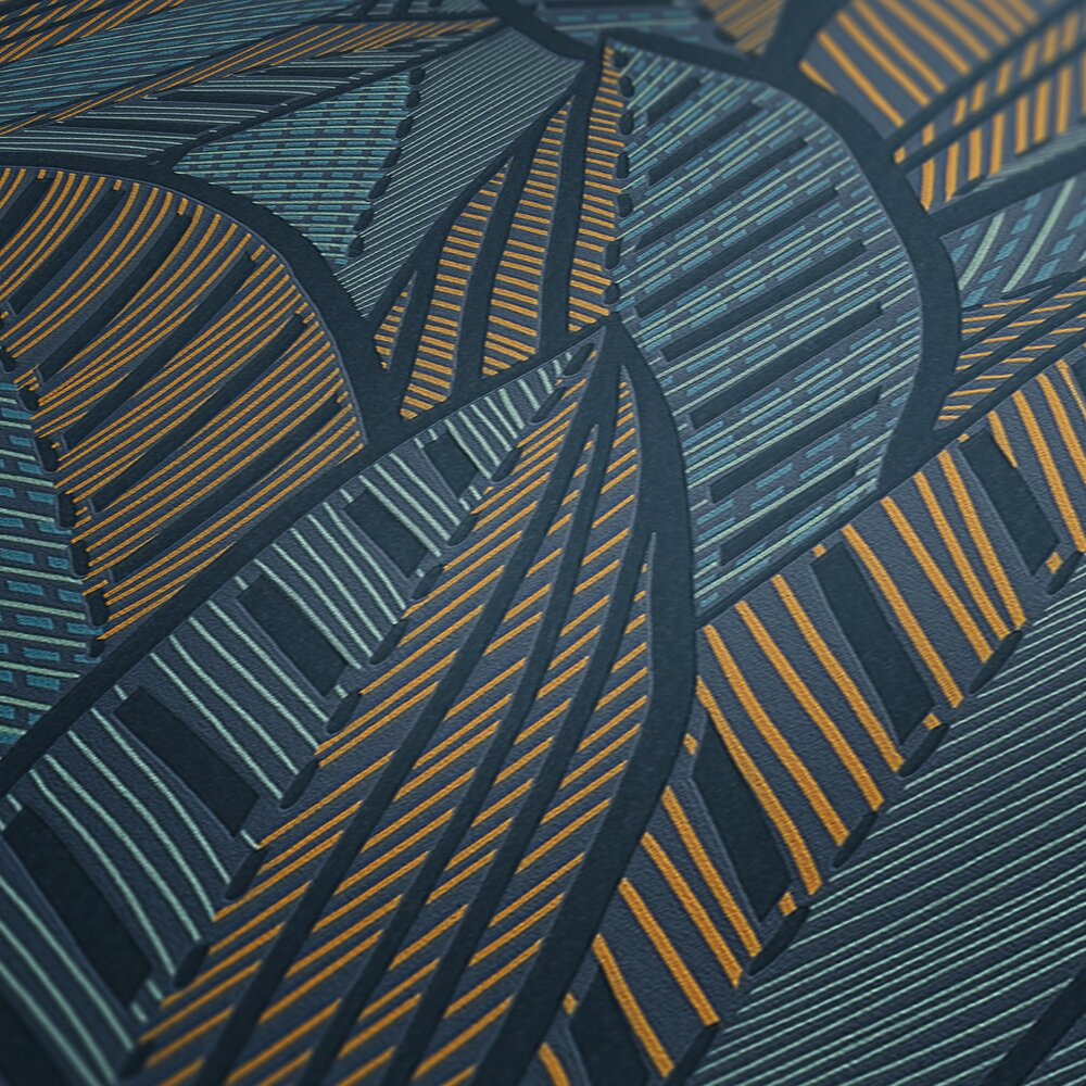             Palm leaves non-woven wallpaper with a jungle feel and glossy accents - blue, green, yellow
        