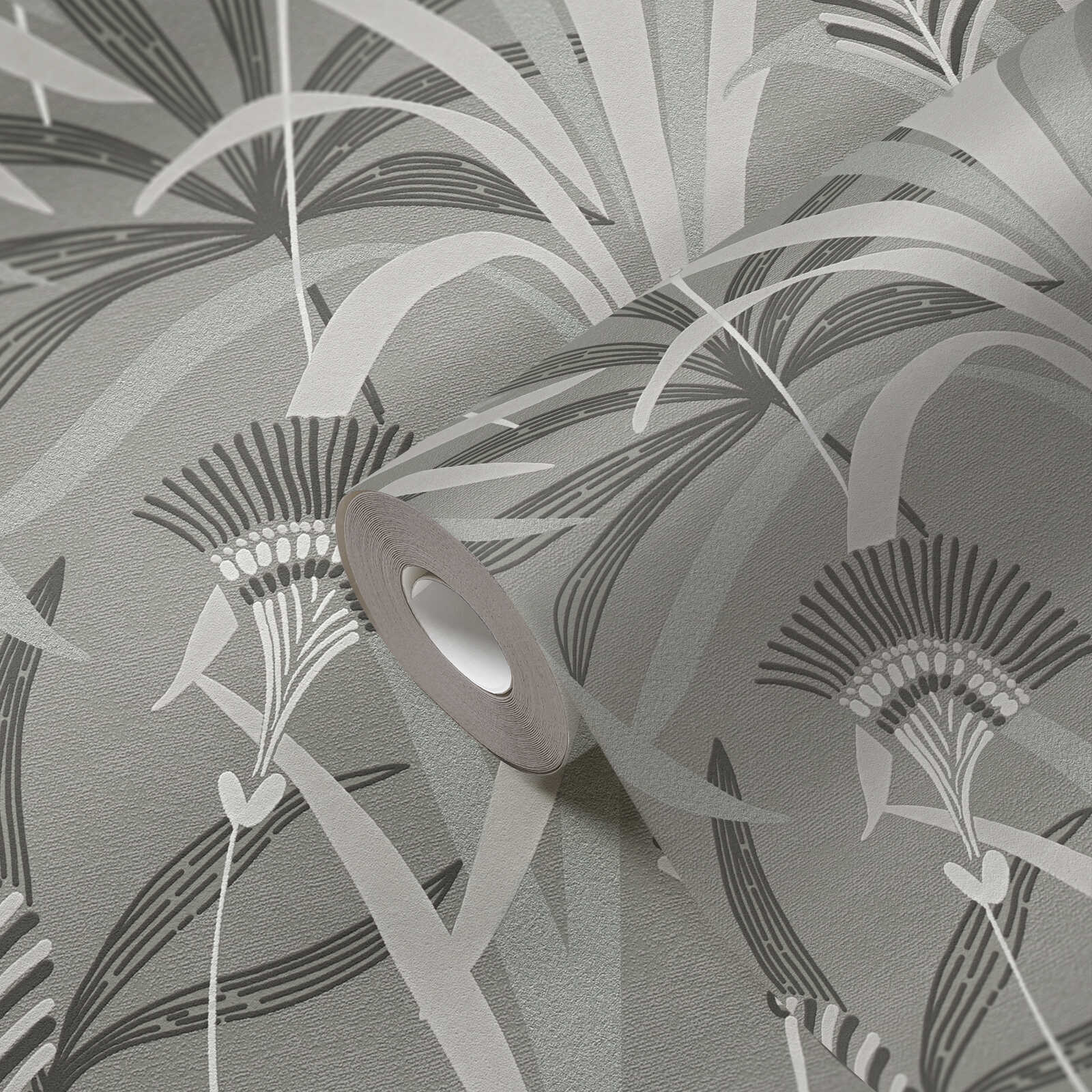             Non-woven wallpaper with flowers and grasses in a retro look - grey, blue, green
        