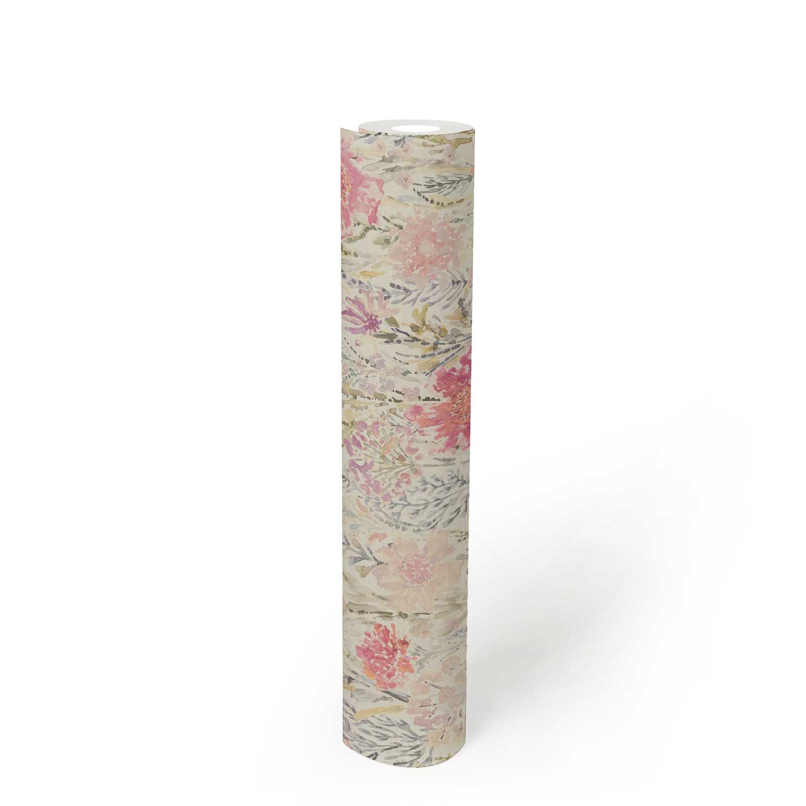             Non-woven wallpaper flower meadow in watercolour look - white, colourful, pink
        