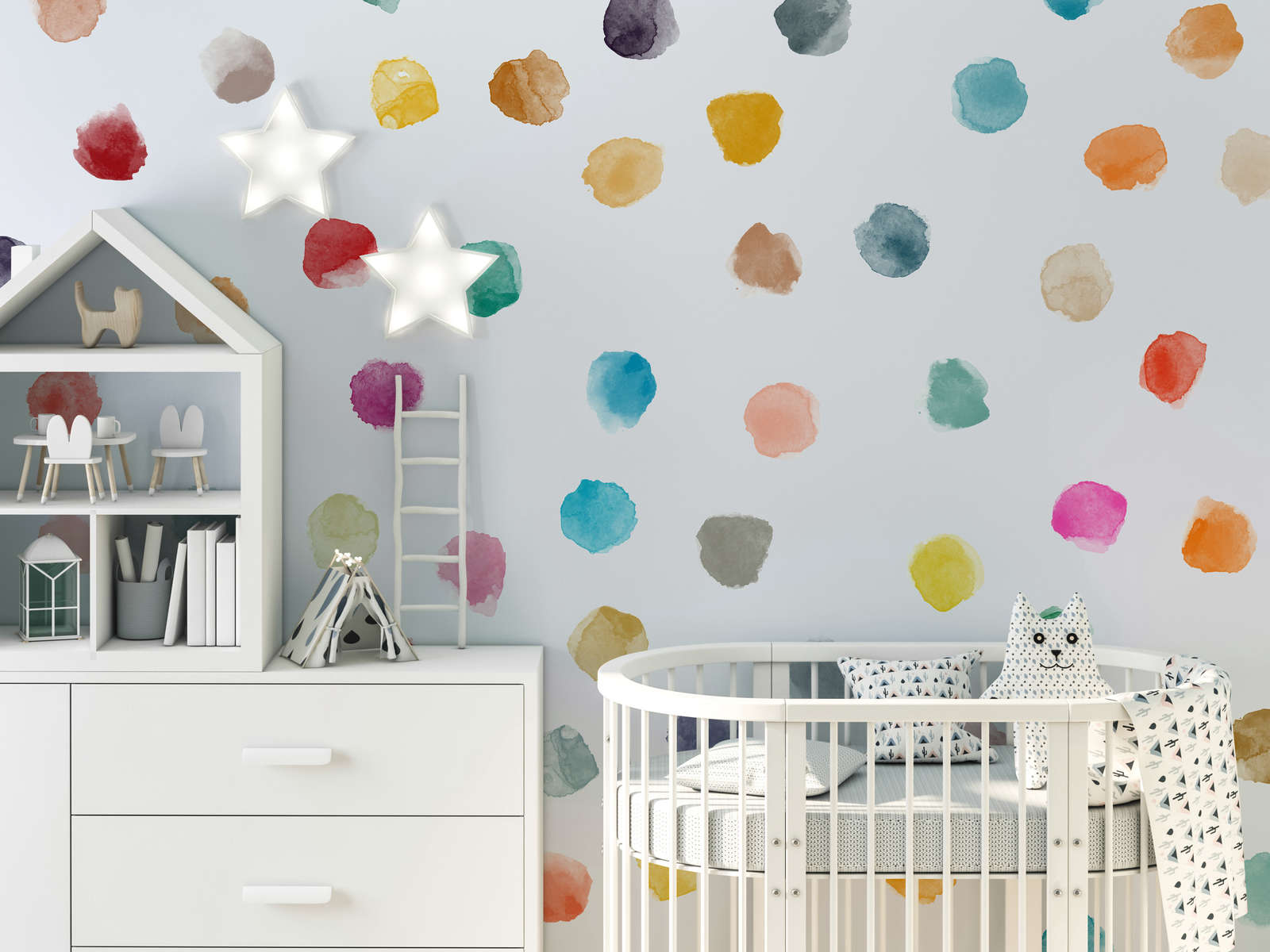             Mural para habitación infantil con lunares de colores - Material sin tejer liso y mate
        