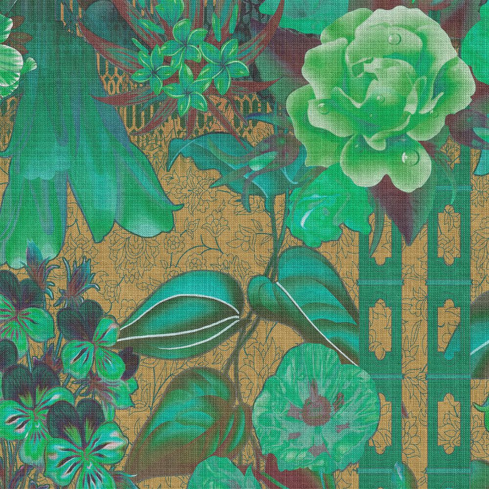             Fotomural »sati 2« - Diseño floral y ornamentos con aspecto de estructura de lino - Verde | mate, liso no tejido
        