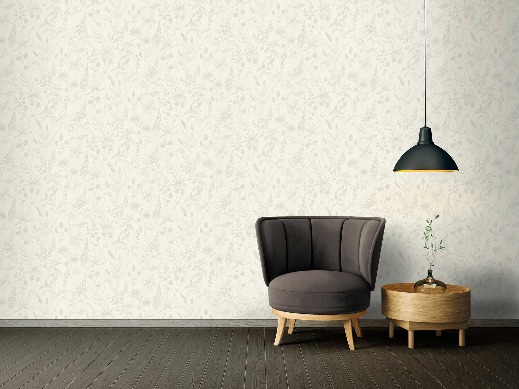             Papier peint intissé avec motif floral et accent métallique - beige, argent, blanc
        