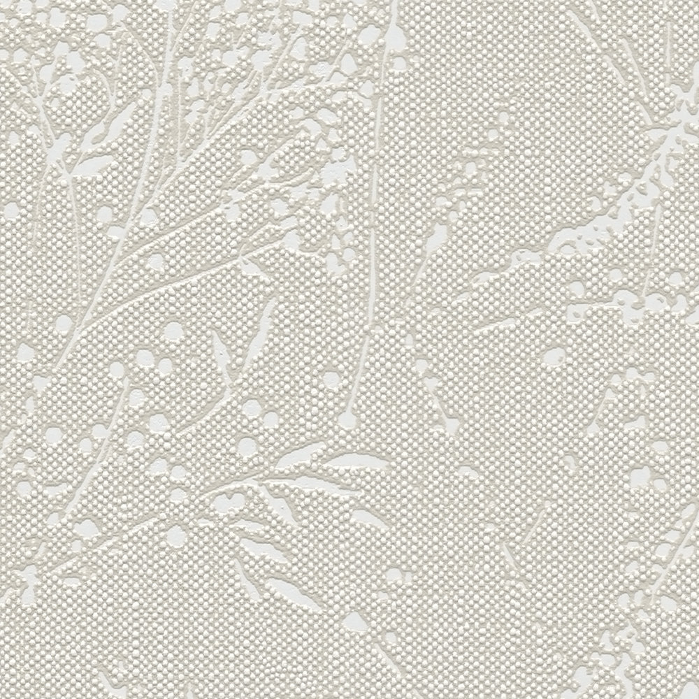             Glittering non-woven wallpaper with filigree tendrils and leaves - brown, beige, white
        