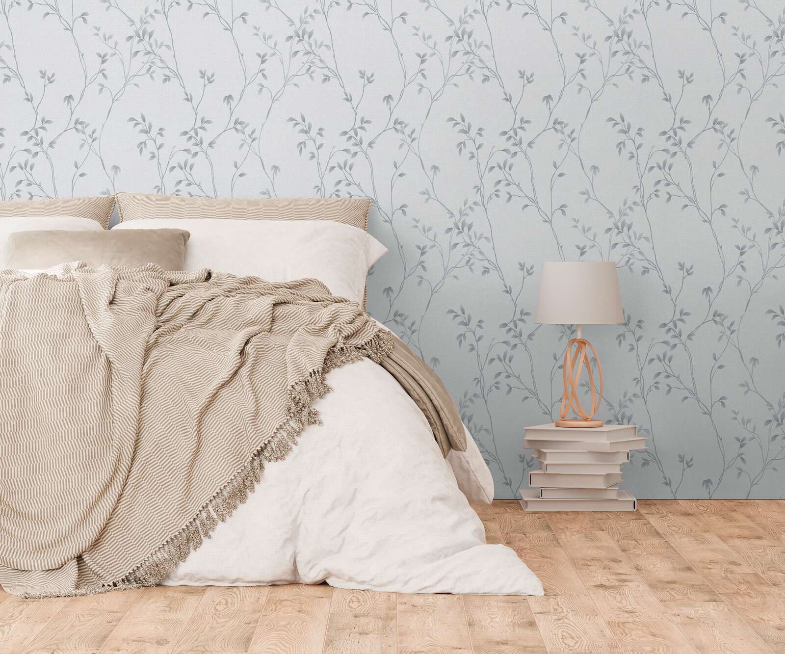             Textured non-woven wallpaper with tendrils and leaves in a simple look - grey, light grey
        