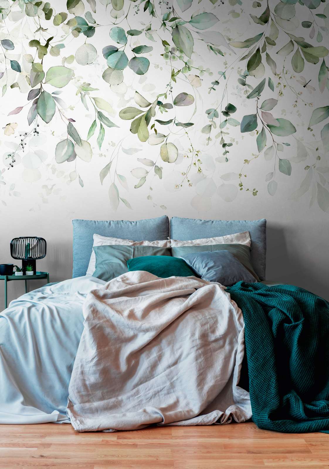             Eucalyptus leaf tendrils non-woven wallpaper as a photo wallpaper in watercolour design - green, blue, white
        