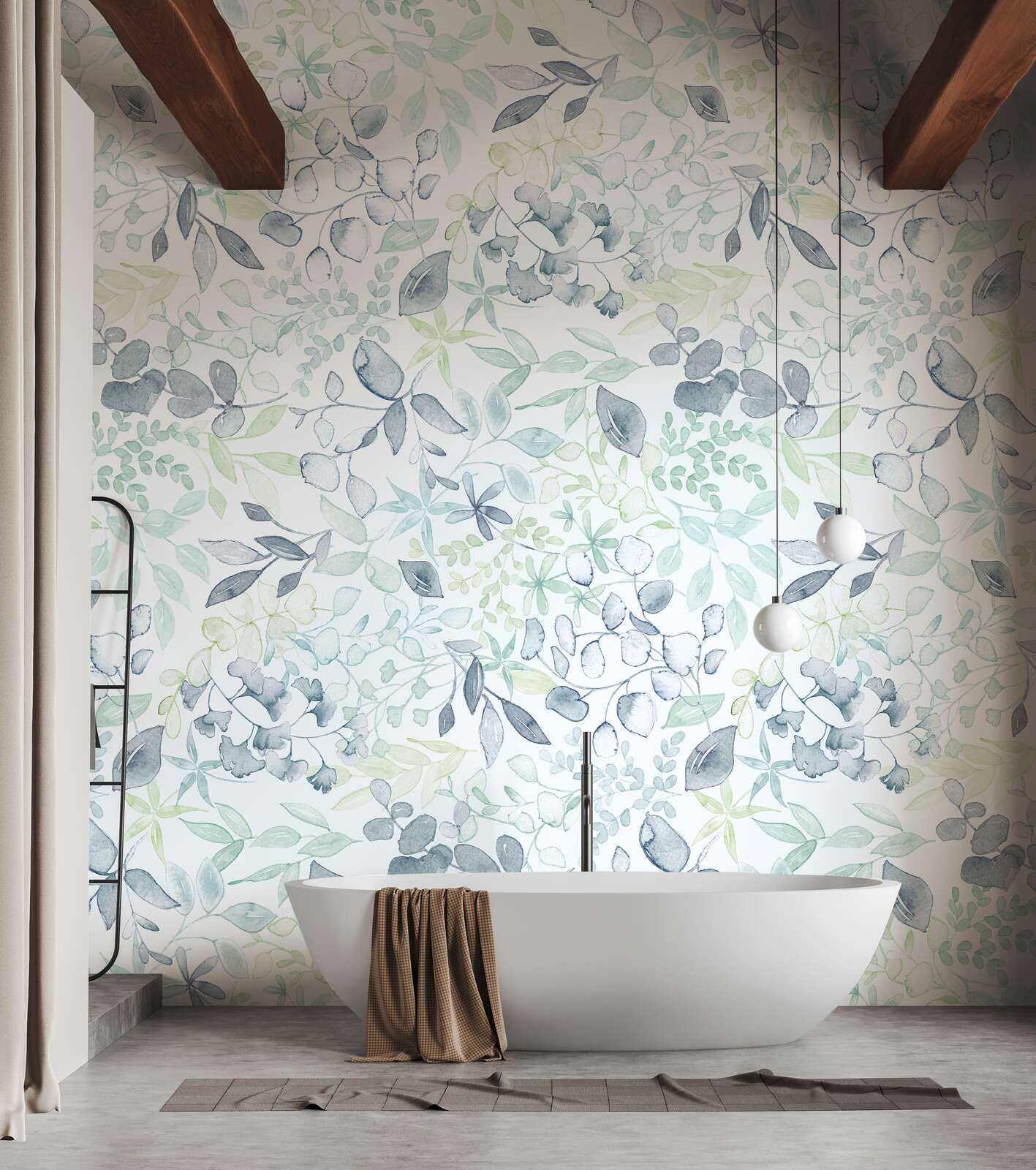             Motif wallpaper in XXL design with watercolour floral pattern - blue, green, white
        