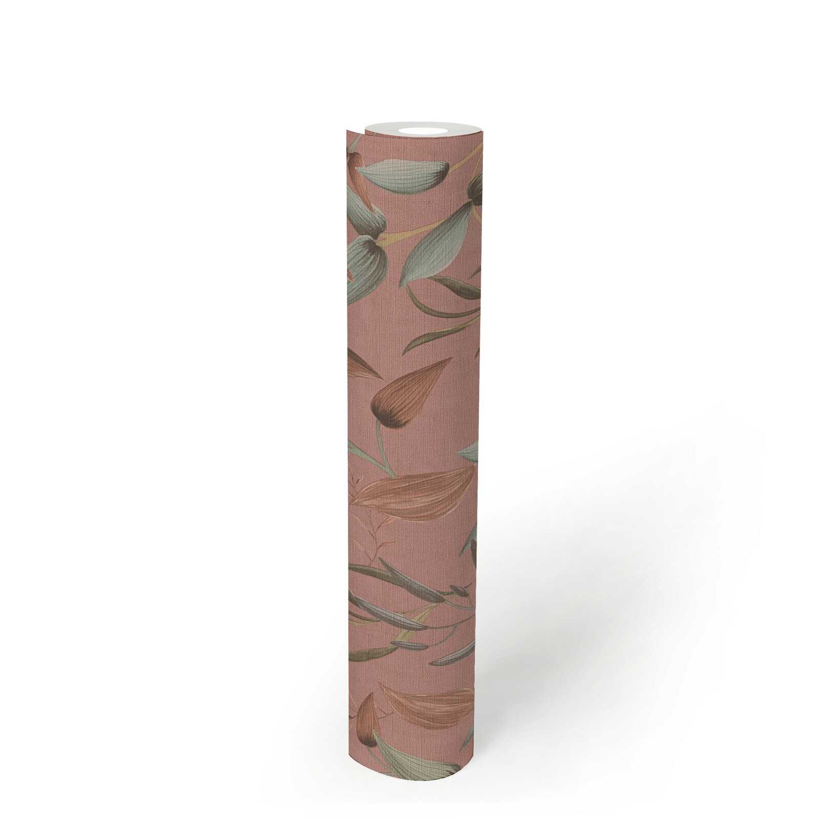             Non-woven wallpaper with soft floral tendrils - pink, green, red
        