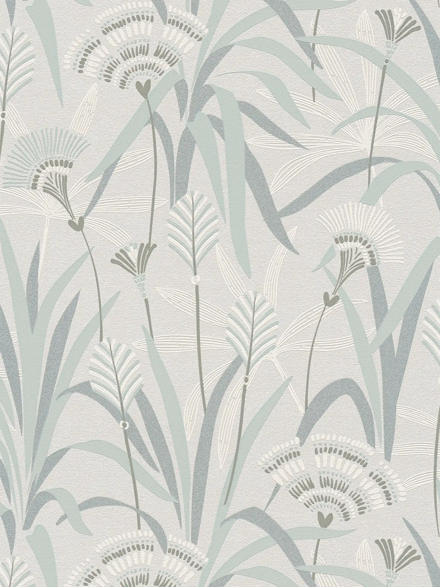        Papel pintado no tejido de flores y hierbas en diseño retro - gris, azul, verde
    