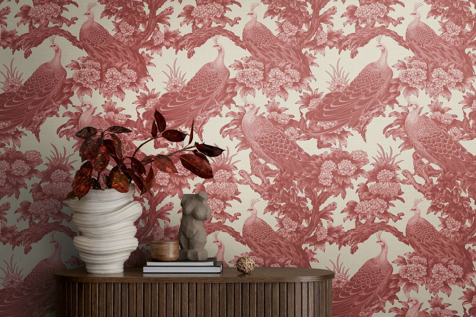             Non-woven wallpaper in English country house style with birds - red, cream, pink
        