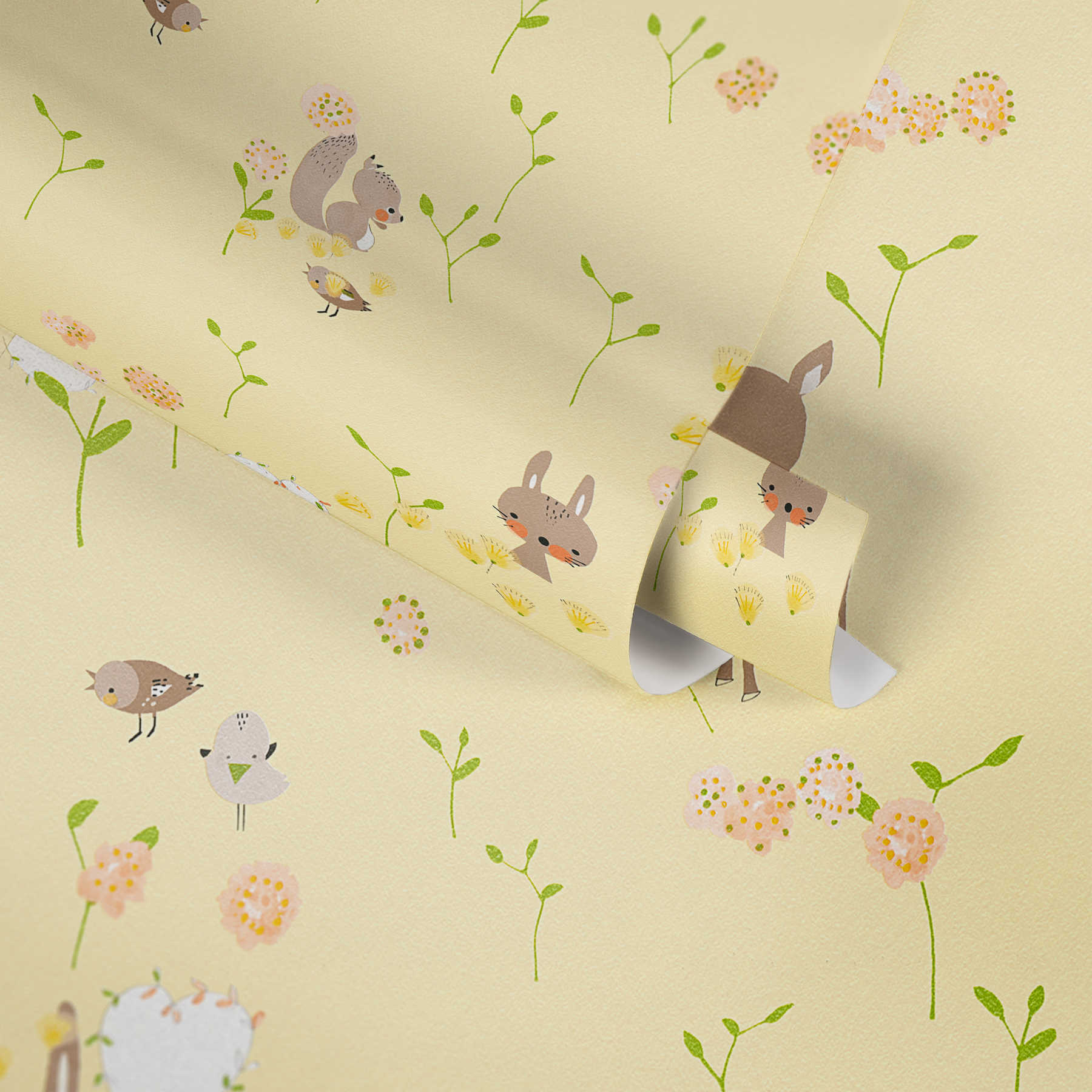             Wallpaper with forest animals for baby & Nursery - yellow, green
        