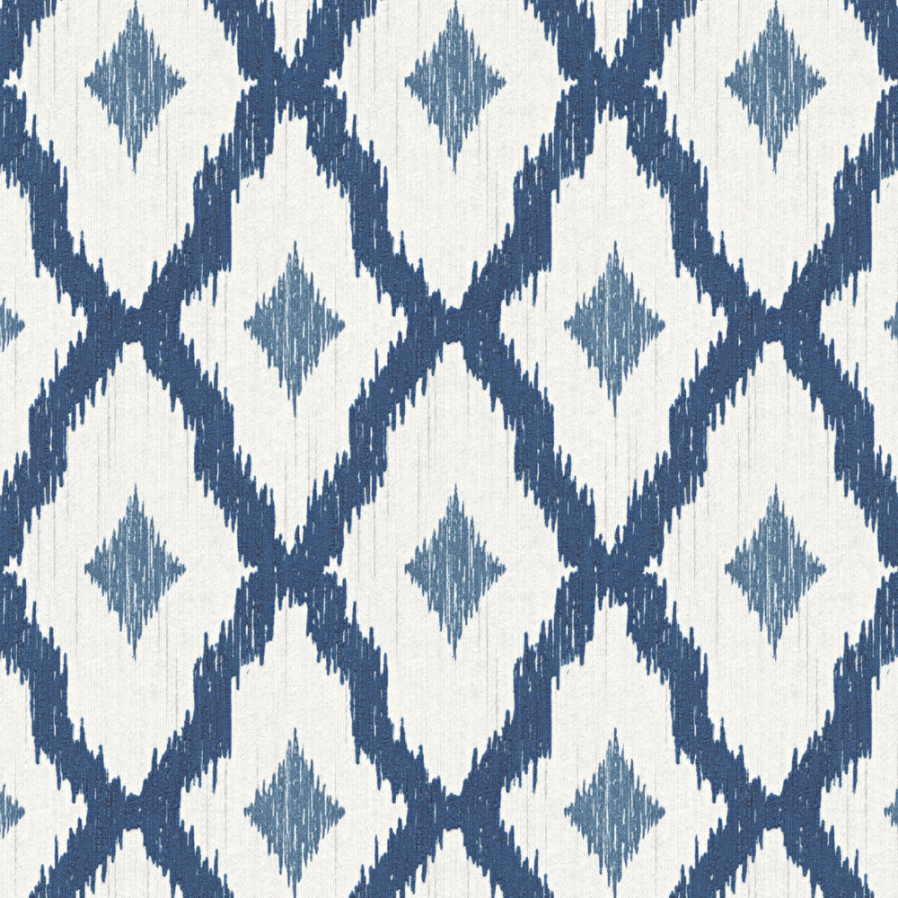             Papier peint intissé ikat motif losange - bleu, blanc
        