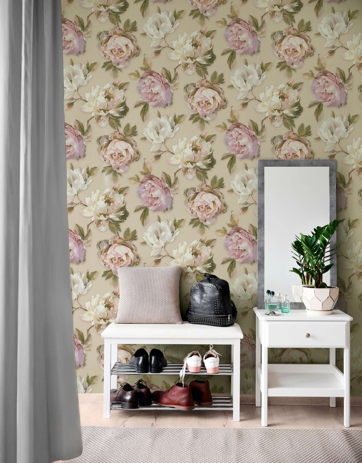             Non-woven wallpaper with picturesque rose petals in a watercolour look - violet, pink, green
        