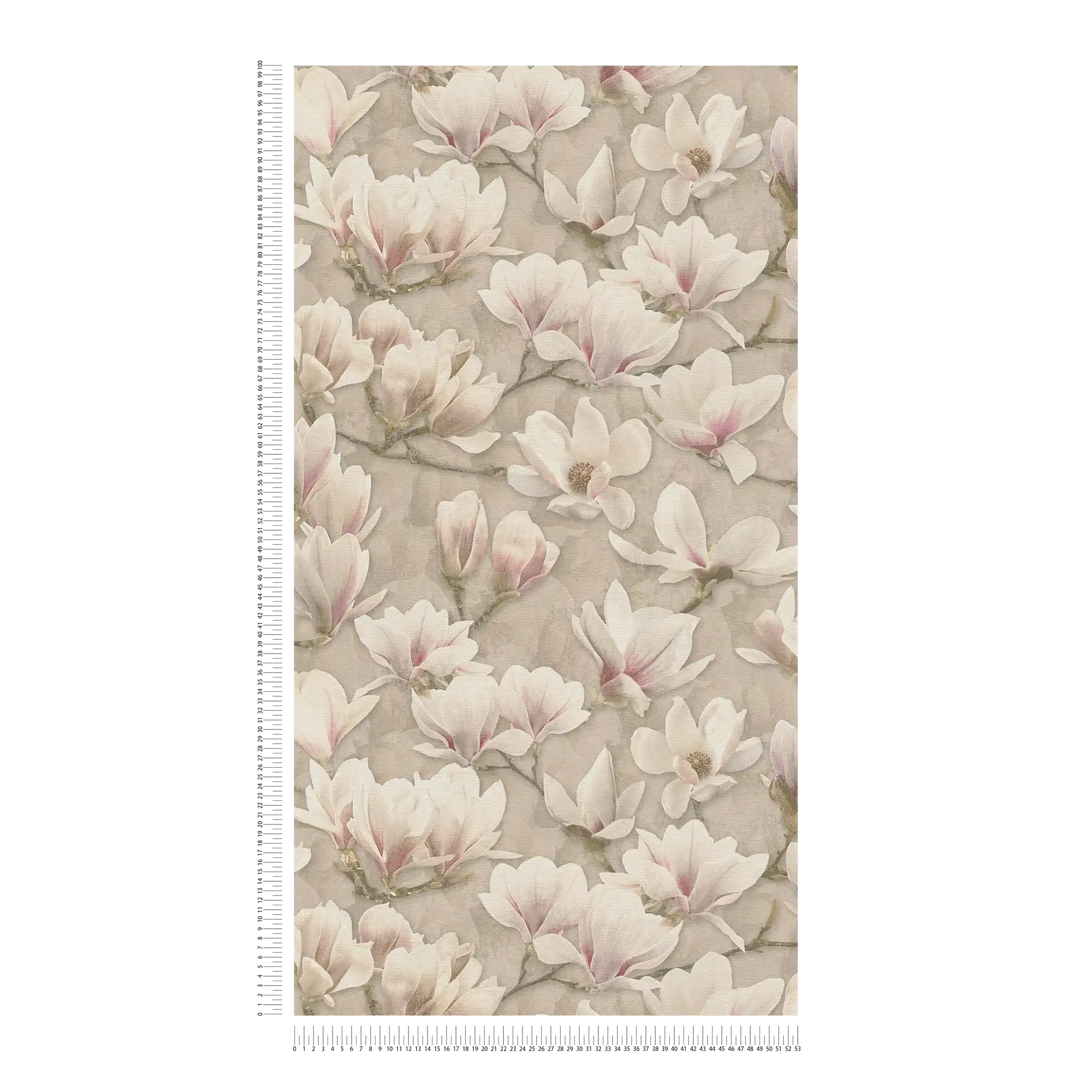             Non-woven floral wallpaper with magnolia blossoms - brown, pink, white
        