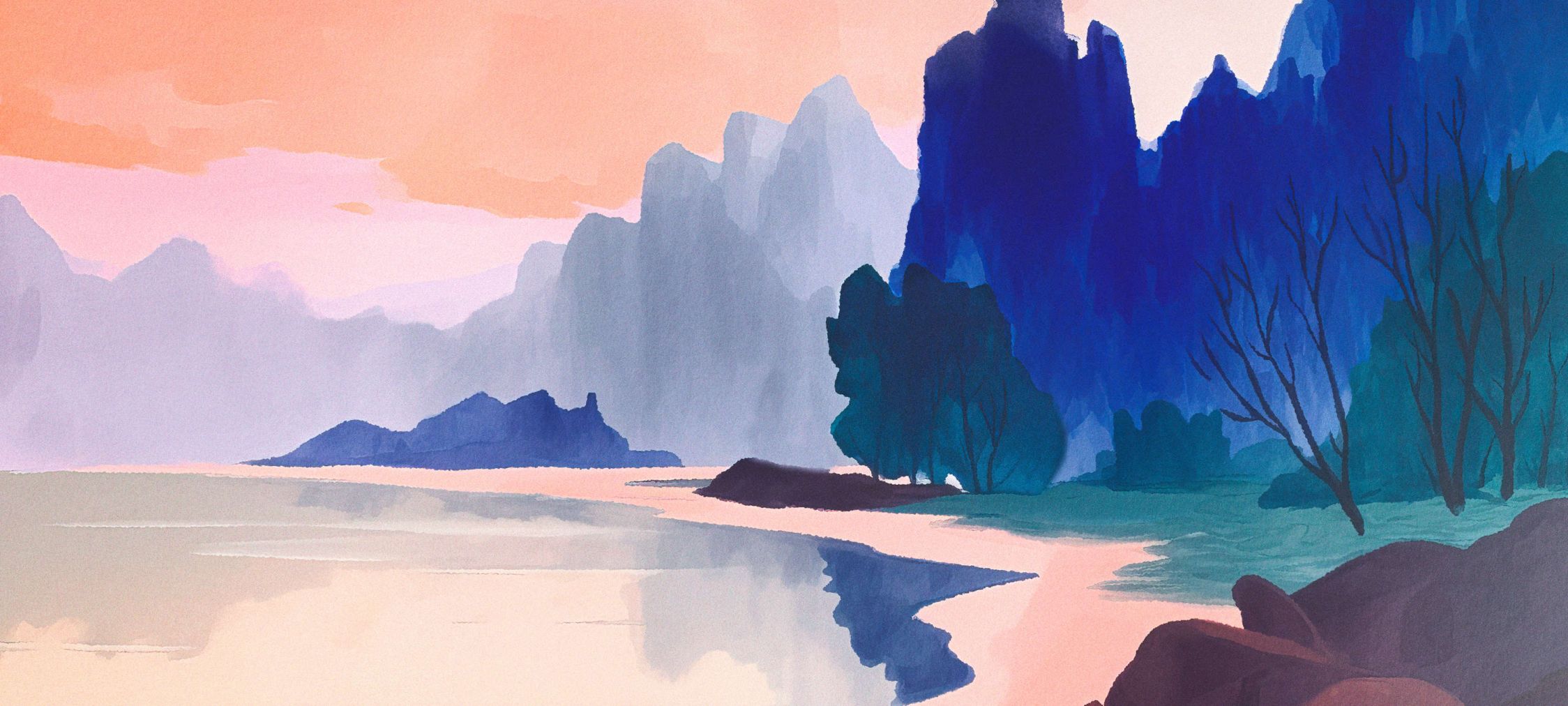             papier peint en papier panoramique »aurora« - Paysage avec lac au coucher du soleil - bleu, rose | Revêtement mural intissé mat, lisse
        