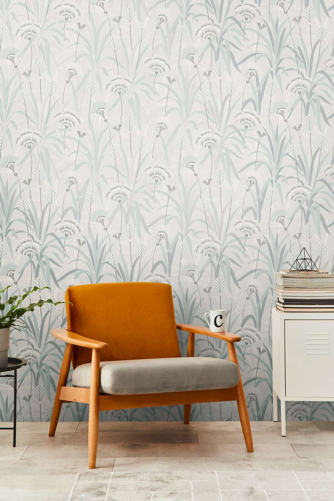             Bloemrijk en grassen vliesbehang in retro design - grijs, blauw, groen
        