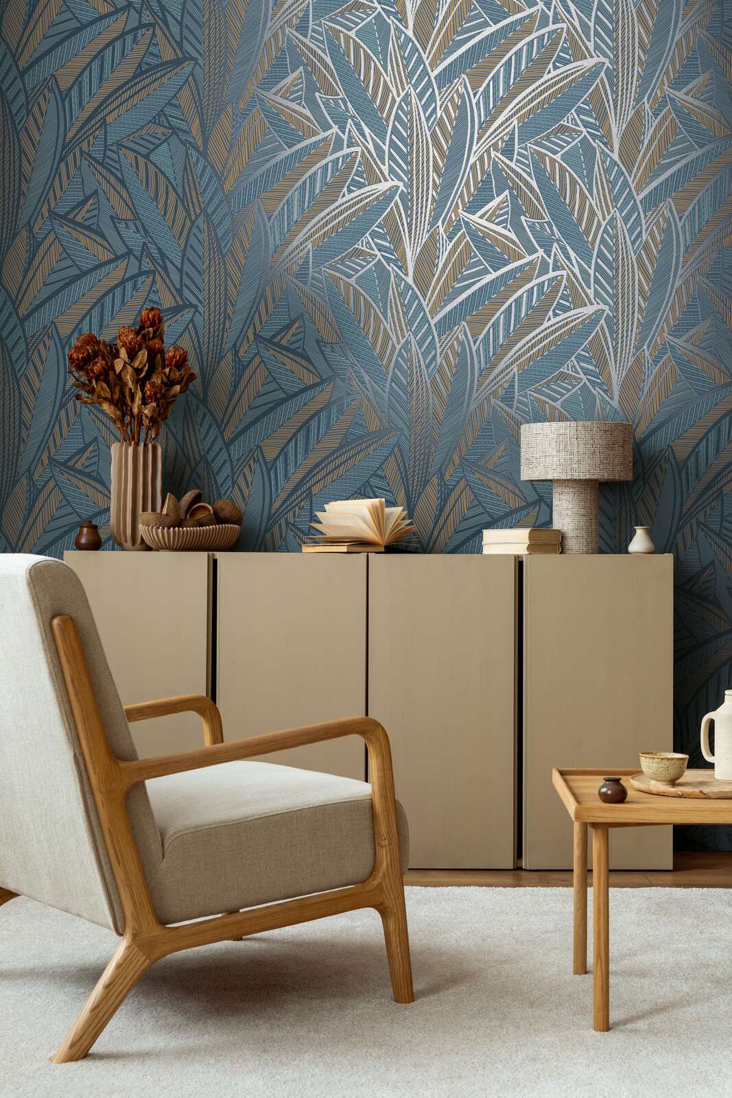             Palm leaves non-woven wallpaper with a jungle feel and glossy accents - blue, green, yellow
        