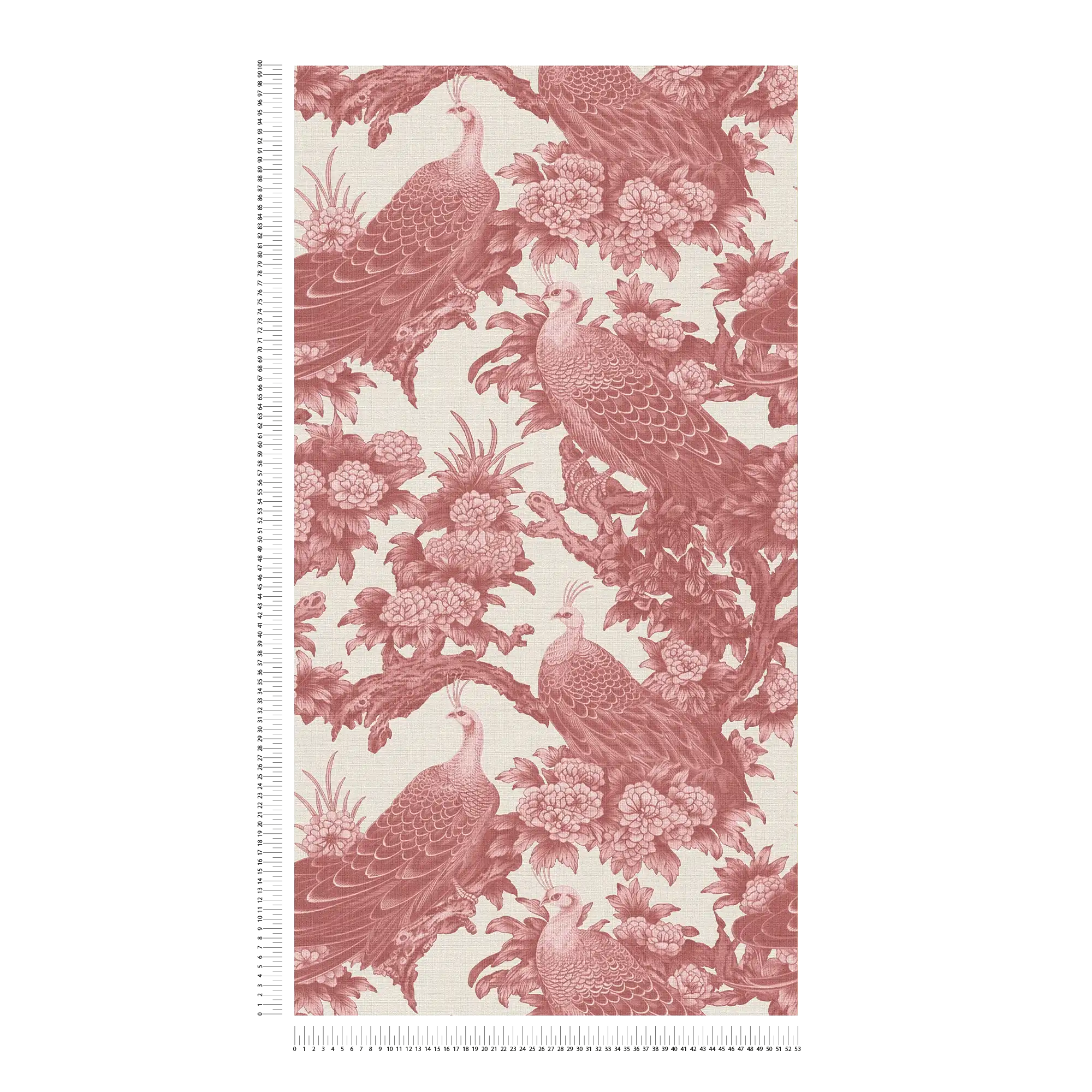             Non-woven wallpaper in English country house style with birds - red, cream, pink
        