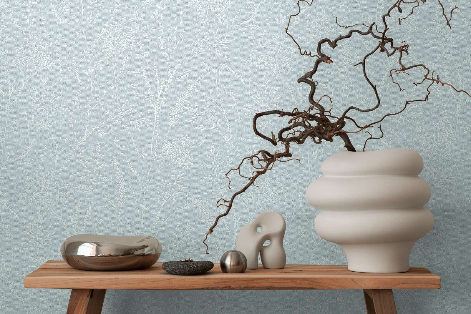             Non-woven wallpaper with glittering floral and tendril design on textile surface - light blue, white
        