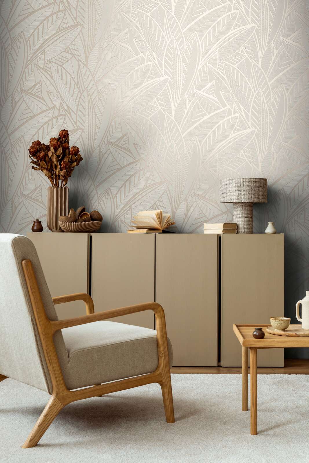             Jungle non-woven wallpaper with palm leaves and light gloss effects - white, grey
        